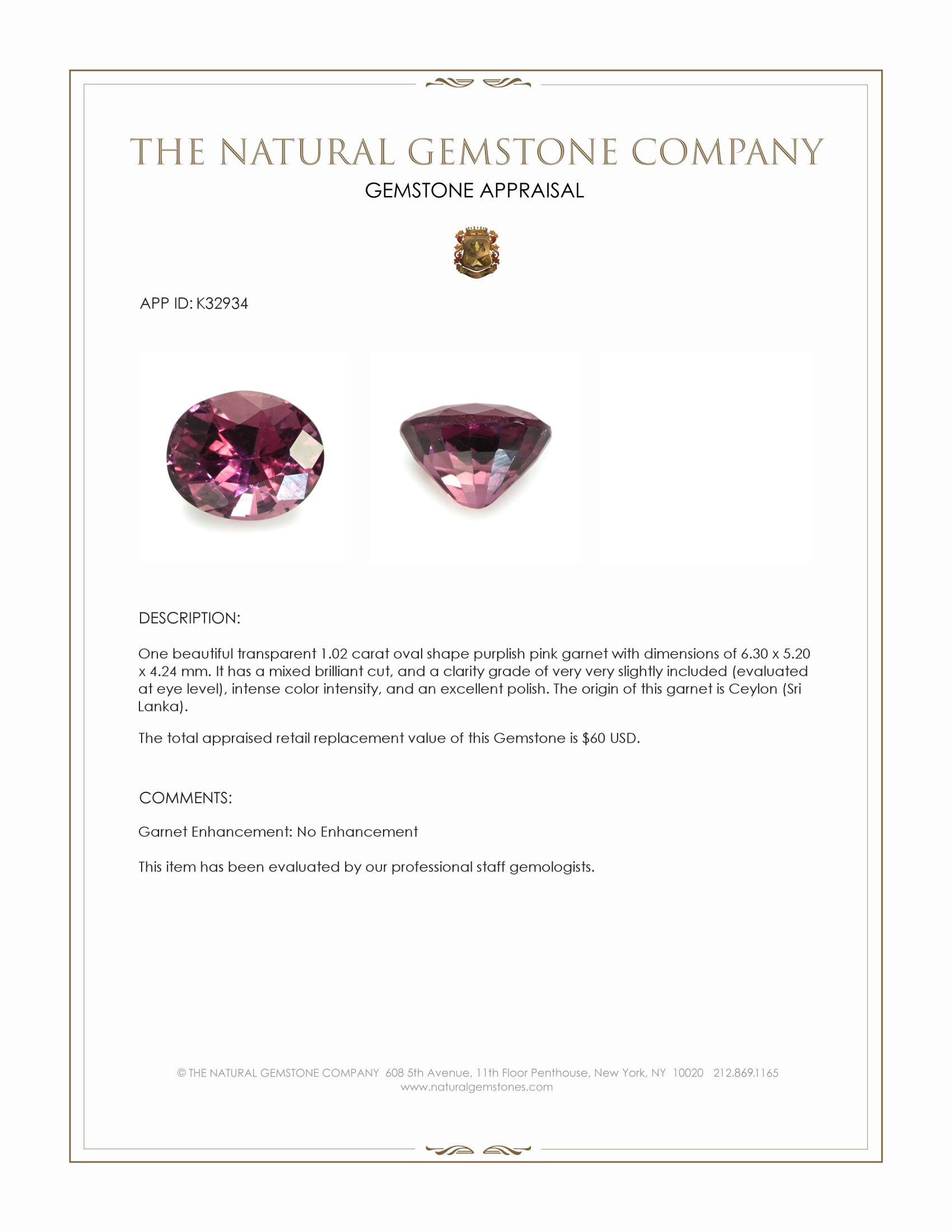 1.02 Ct. Purplish Pink Garnet from Ceylon (Sri Lanka)