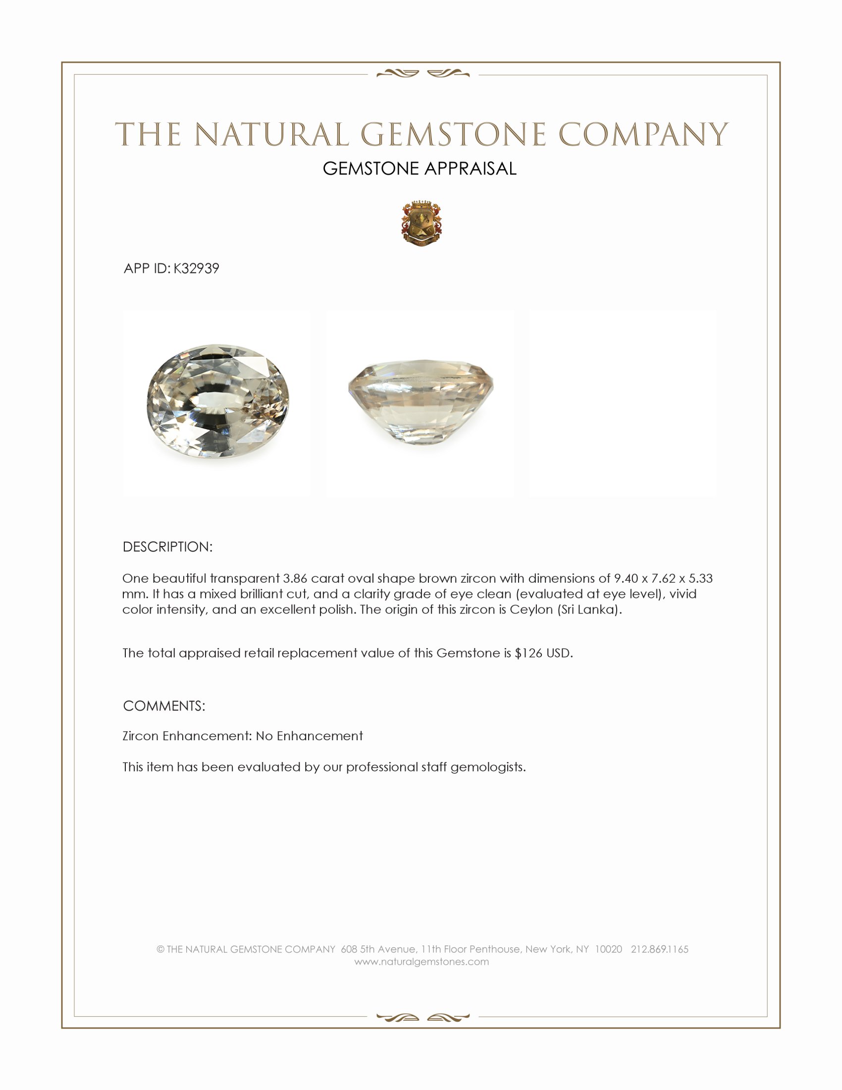 3.86 Ct. Brown Zircon from Ceylon (Sri Lanka)