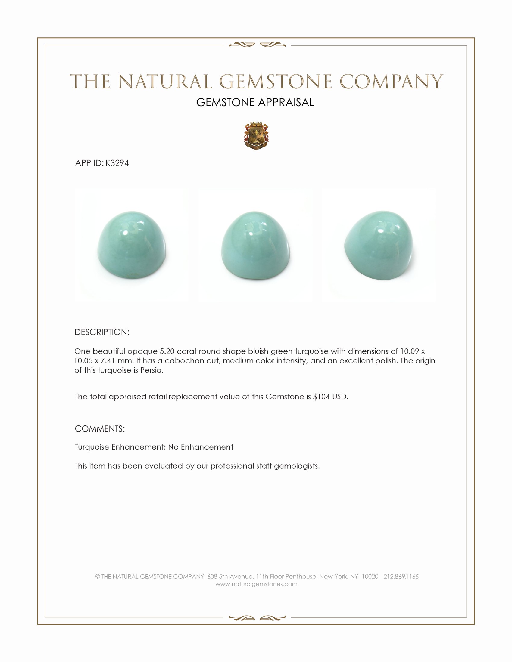 5.20 Ct. Cabochon Turquoise from Persia