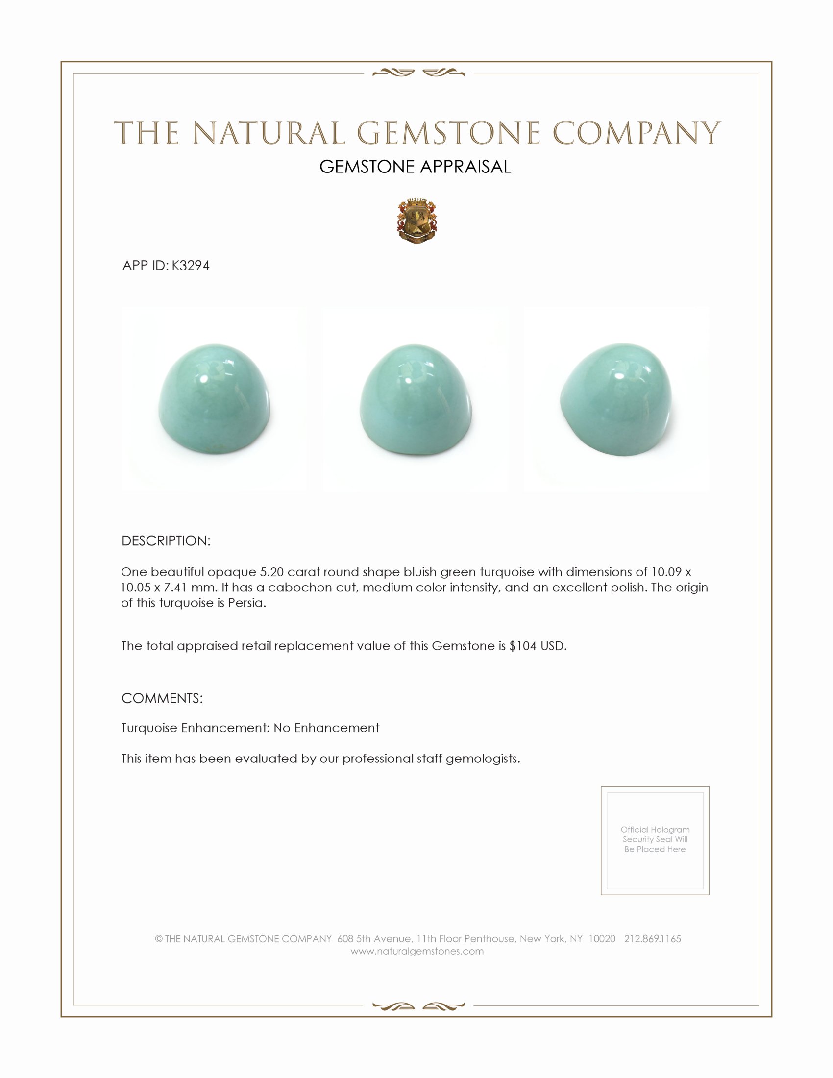 5.20 Ct. Cabochon Turquoise from Persia