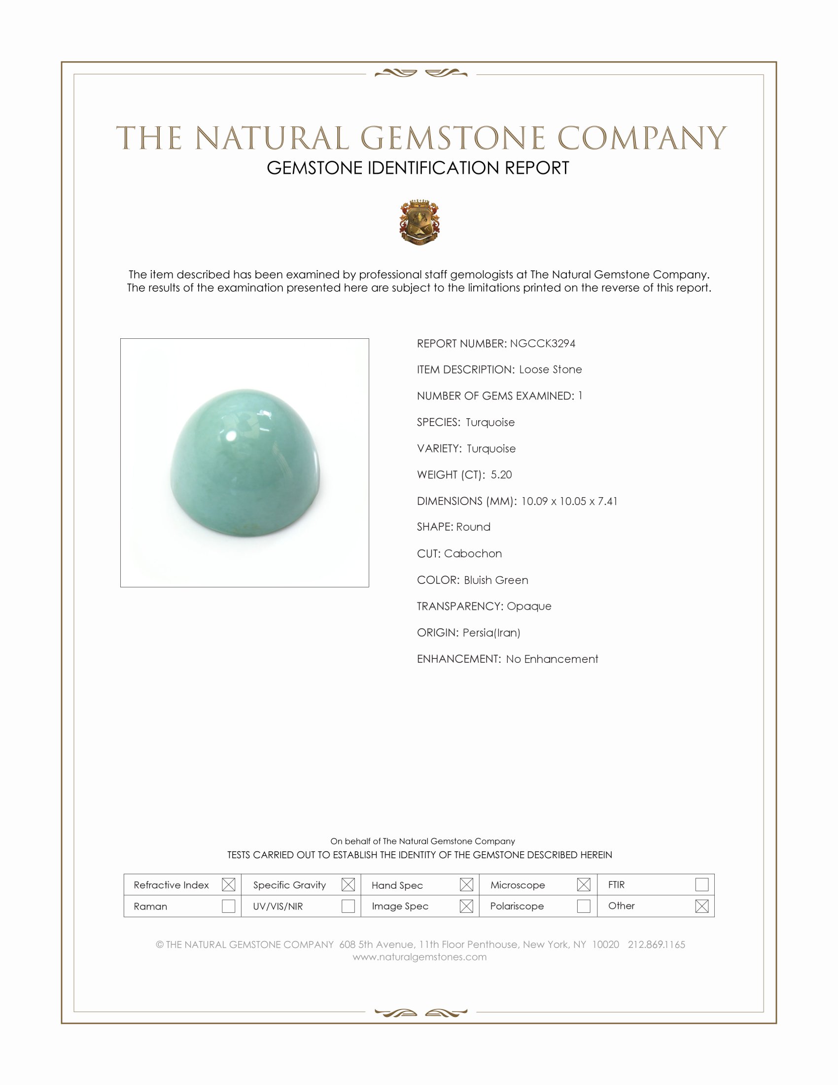 5.20 Ct. Bluish Green Cabochon Turquoise from Persia(Iran)