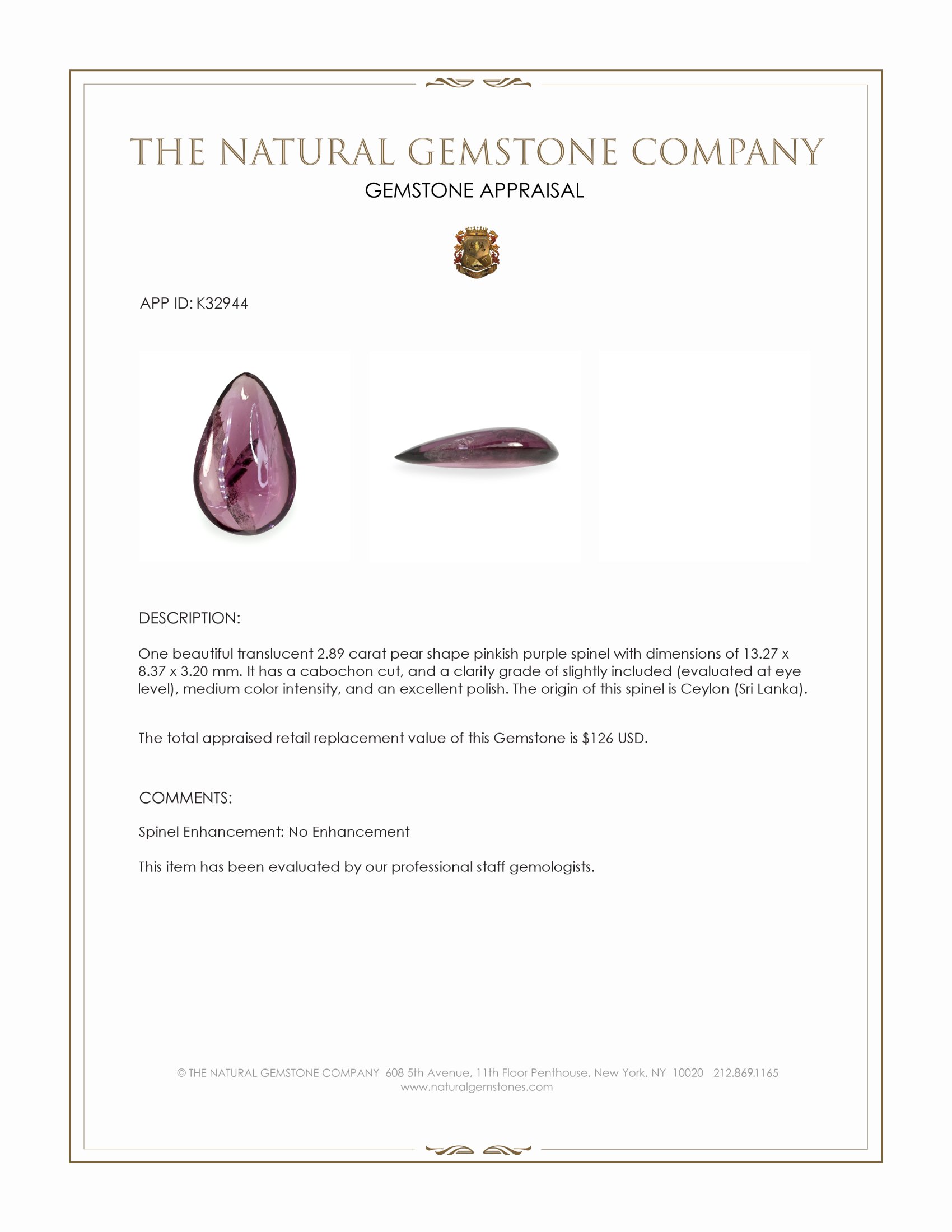 2.89 Ct. Pinkish Purple Cabochon Spinel from Ceylon (Sri Lanka)