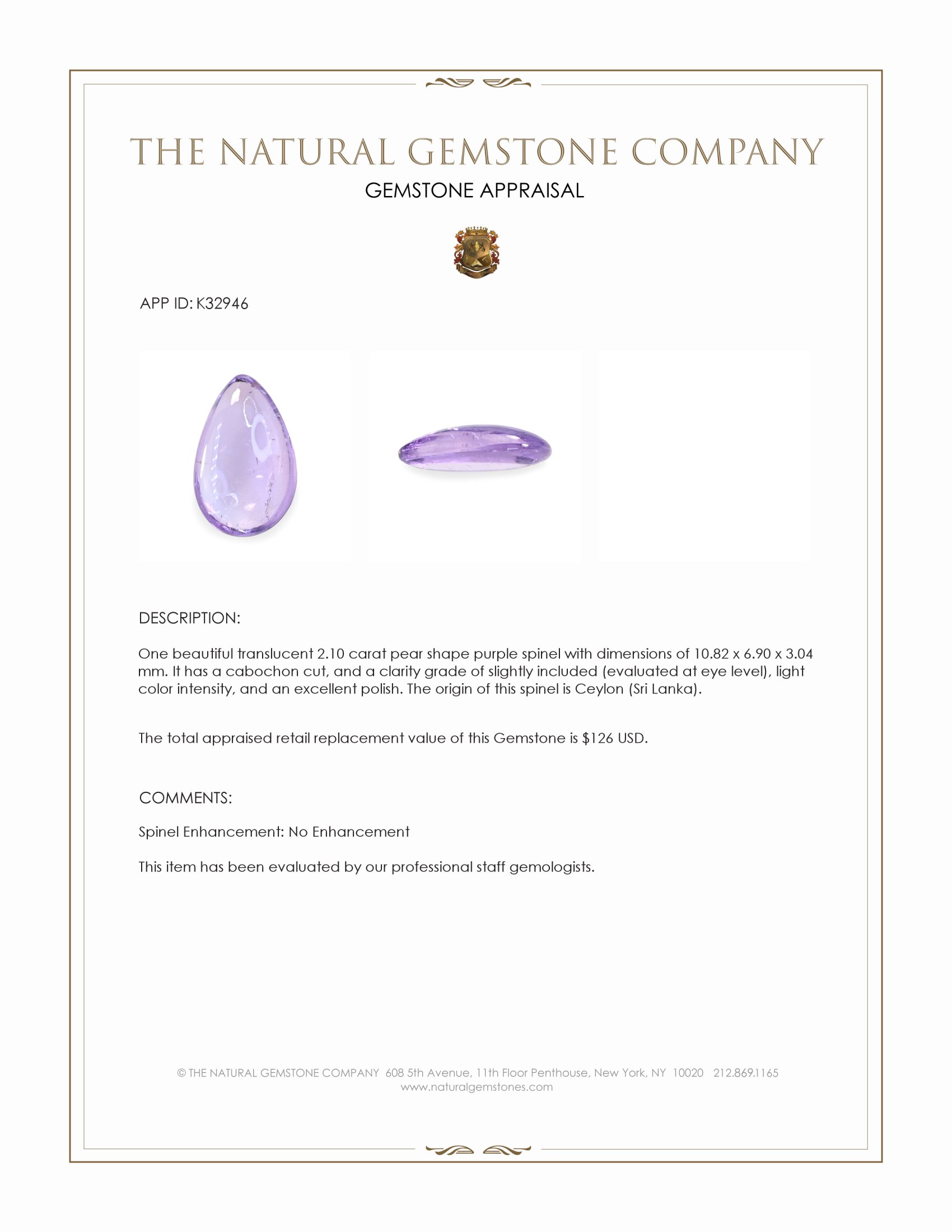 2.10 Ct. Purple Cabochon Spinel from Ceylon (Sri Lanka)