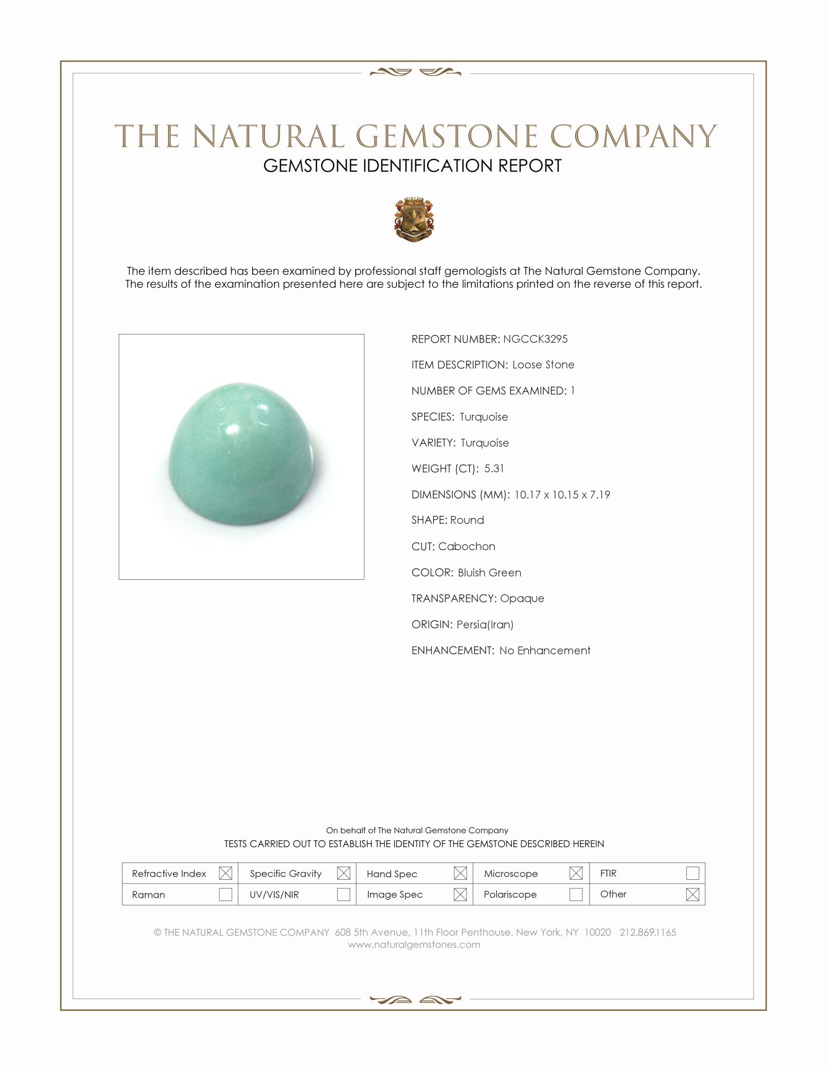 5.31 Ct. Bluish Green Cabochon Turquoise from Persia(Iran)