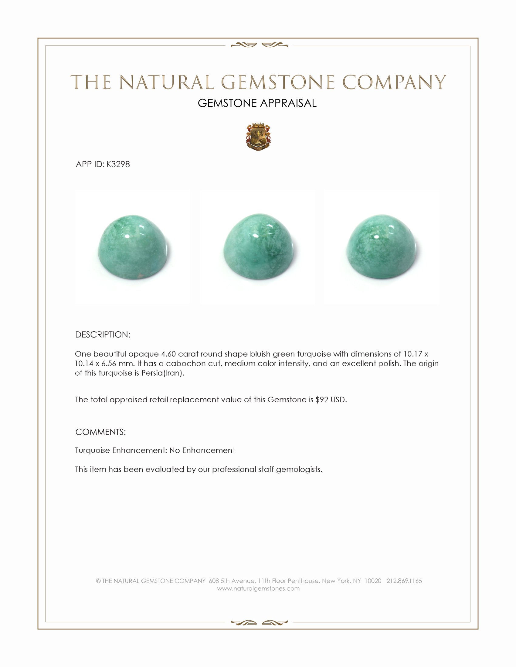 4.60 Ct. Bluish Green Cabochon Turquoise from Persia(Iran)