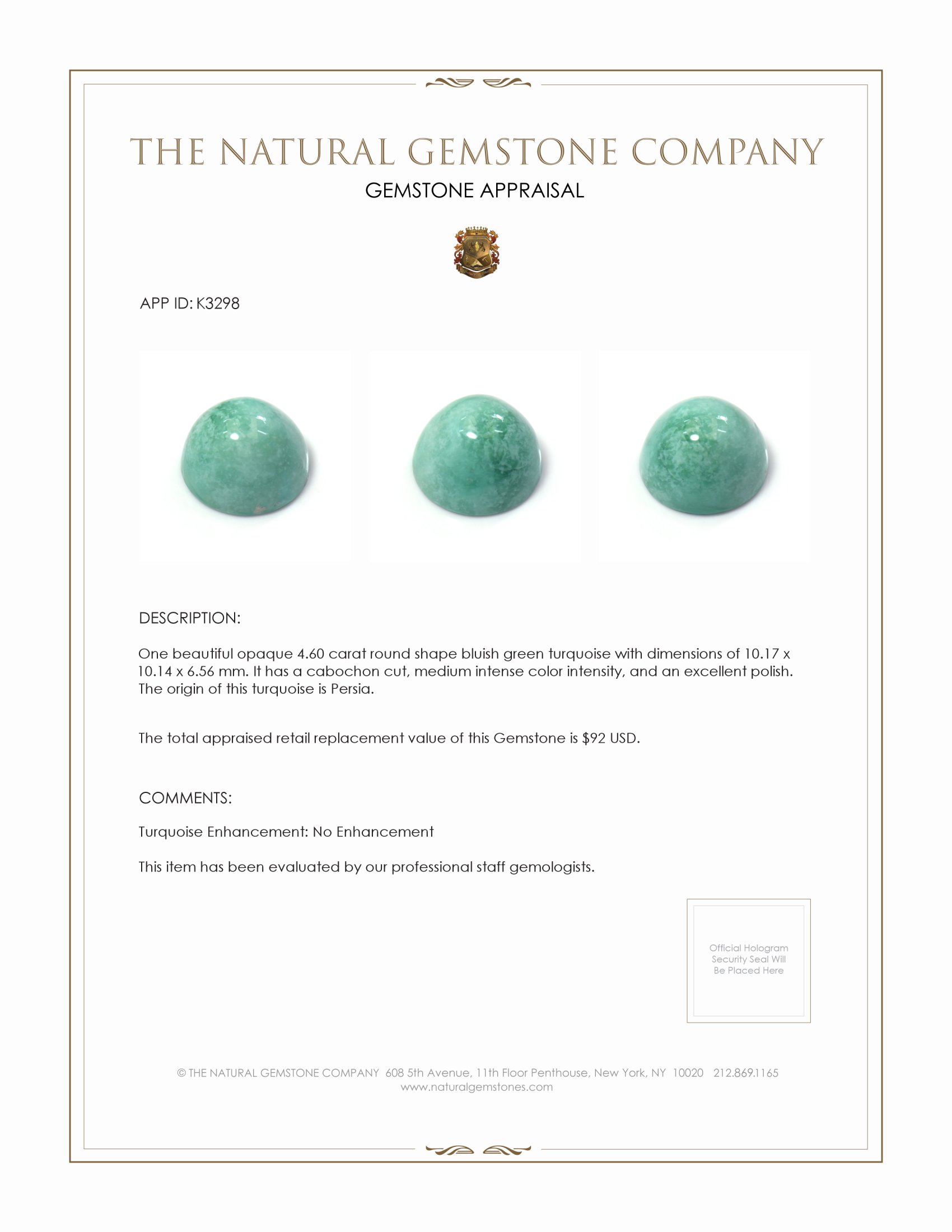 4.60 Ct. Cabochon Turquoise from Persia