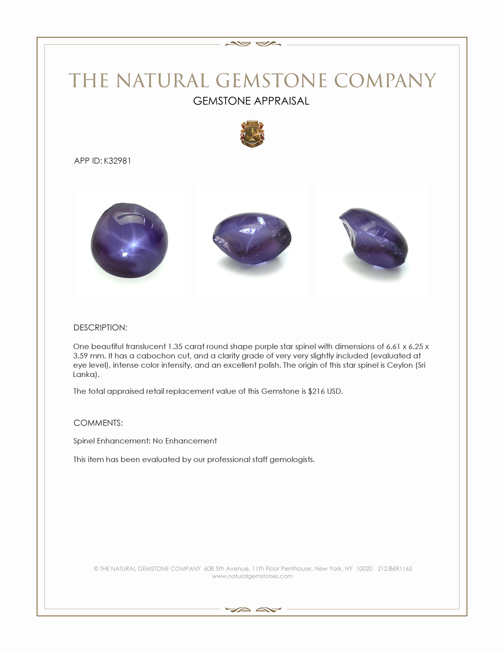 1.35 Ct. Purple Cabochon Star Spinel from Ceylon (Sri Lanka)