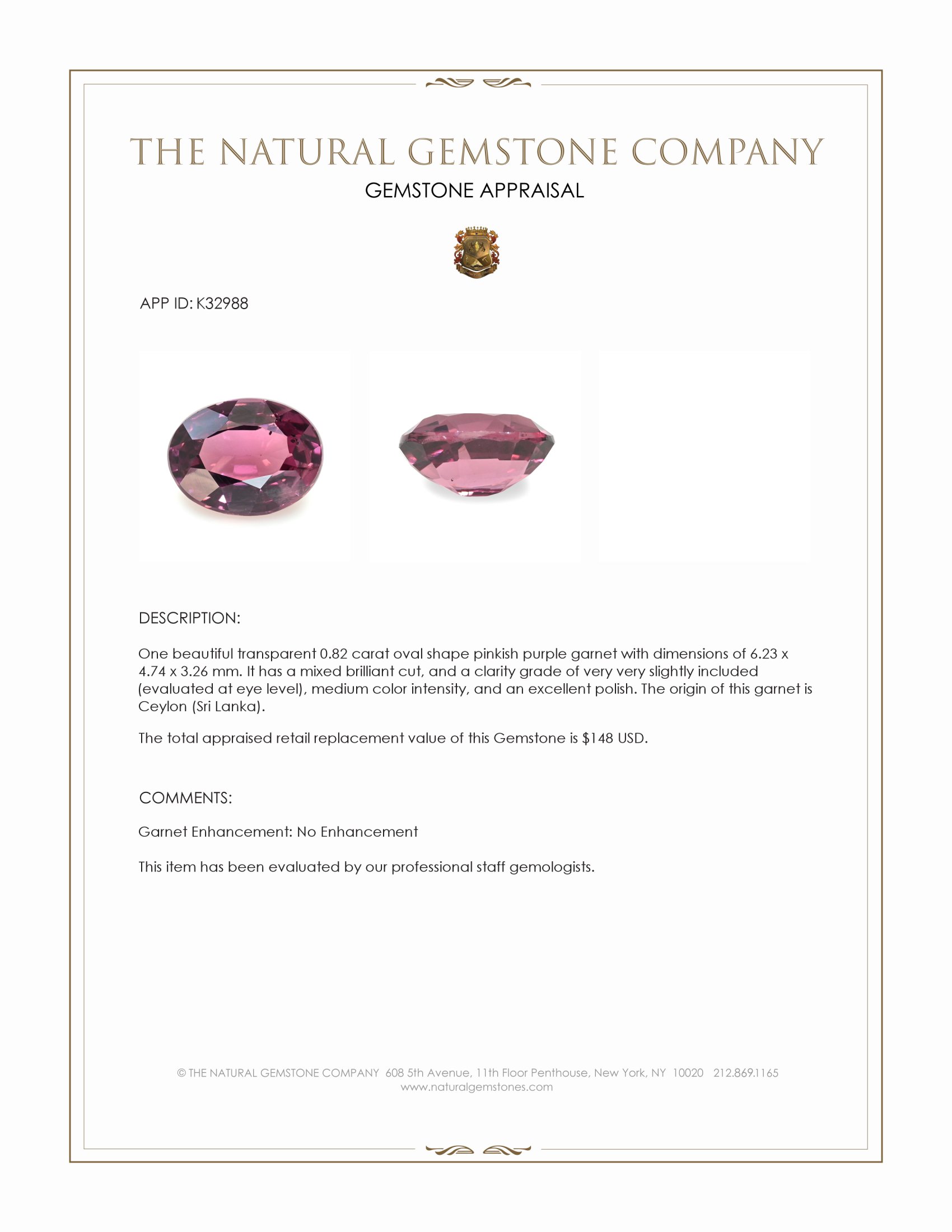 0.82 Ct. Pinkish Purple Garnet from Ceylon (Sri Lanka)