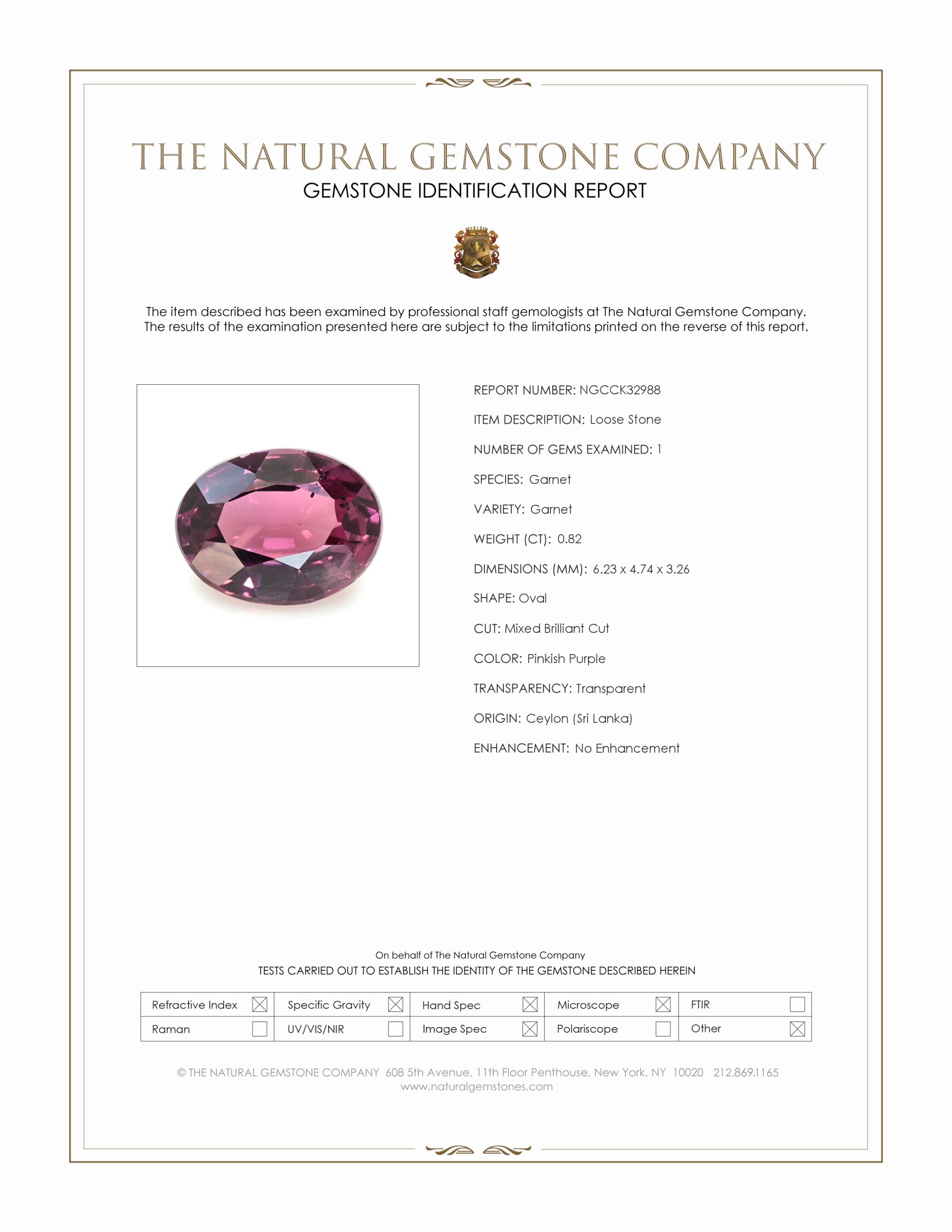 0.82 Ct. Pinkish Purple Garnet from Ceylon (Sri Lanka)