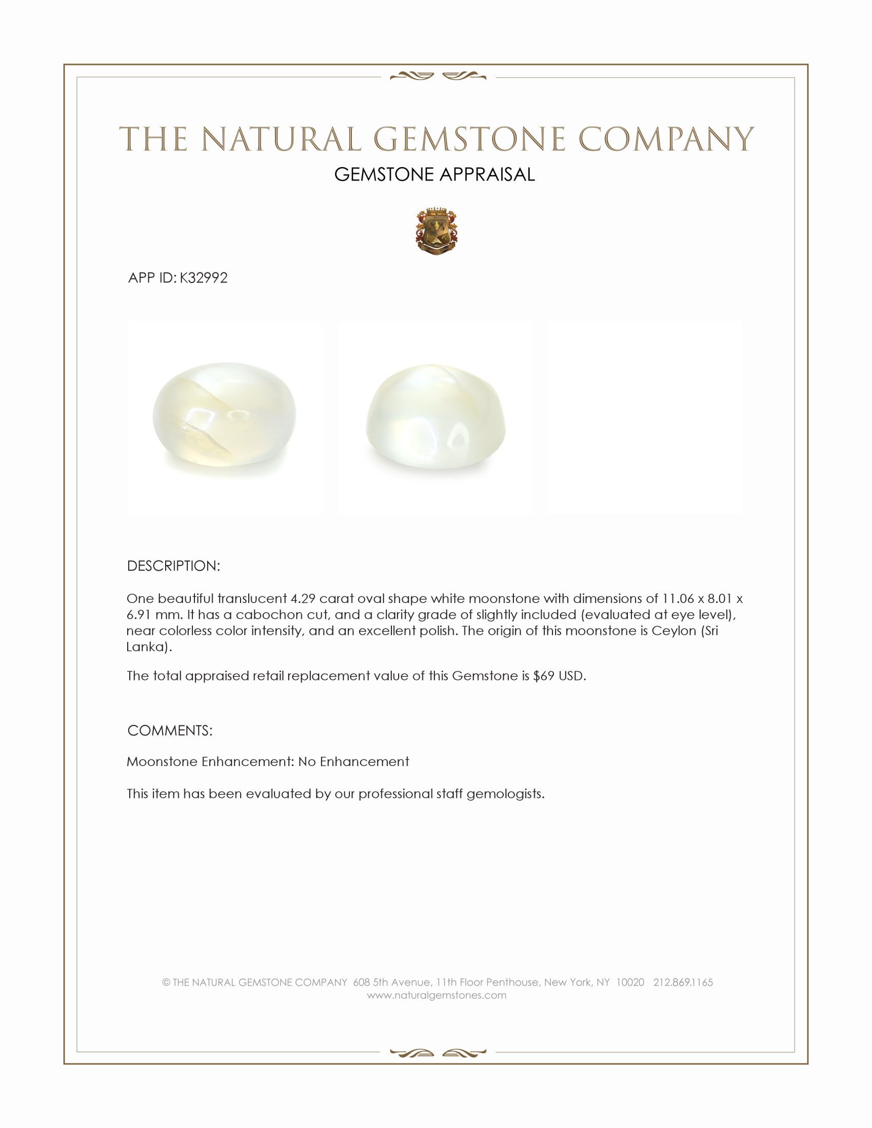 4.29 Ct. White Cabochon Moonstone from Ceylon (Sri Lanka)
