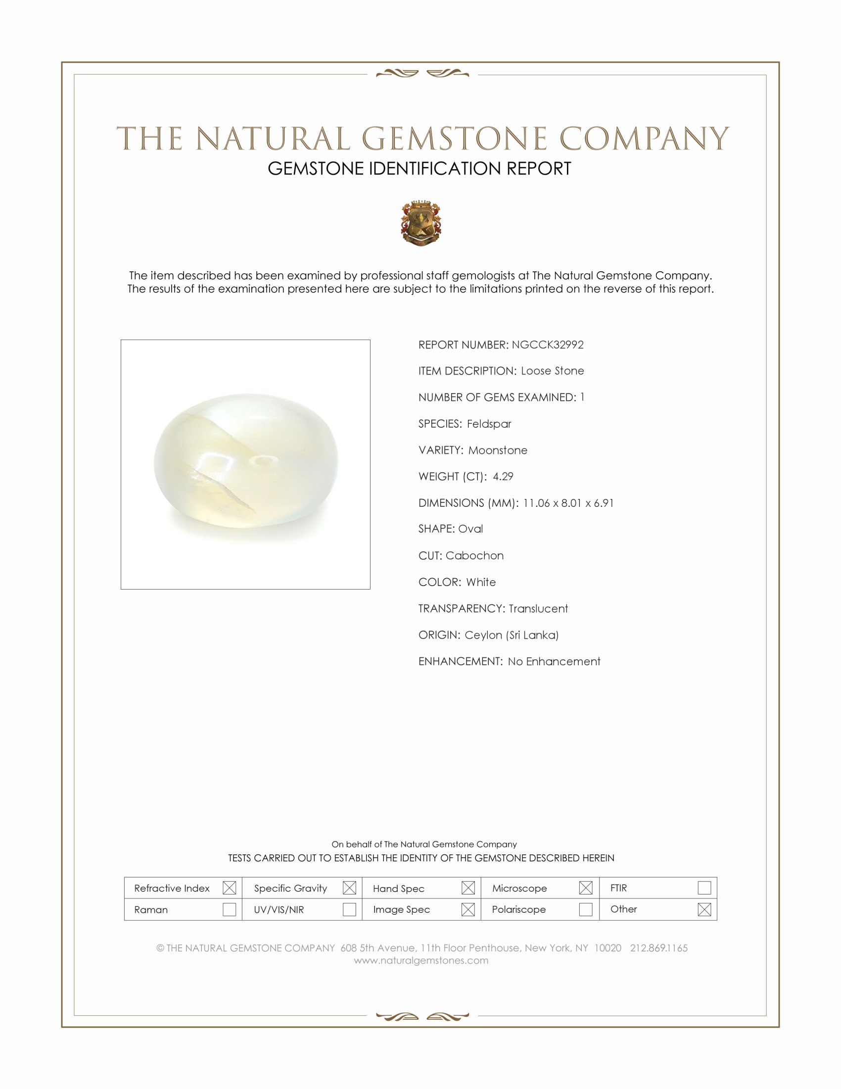 4.29 Ct. White Cabochon Moonstone from Ceylon (Sri Lanka)