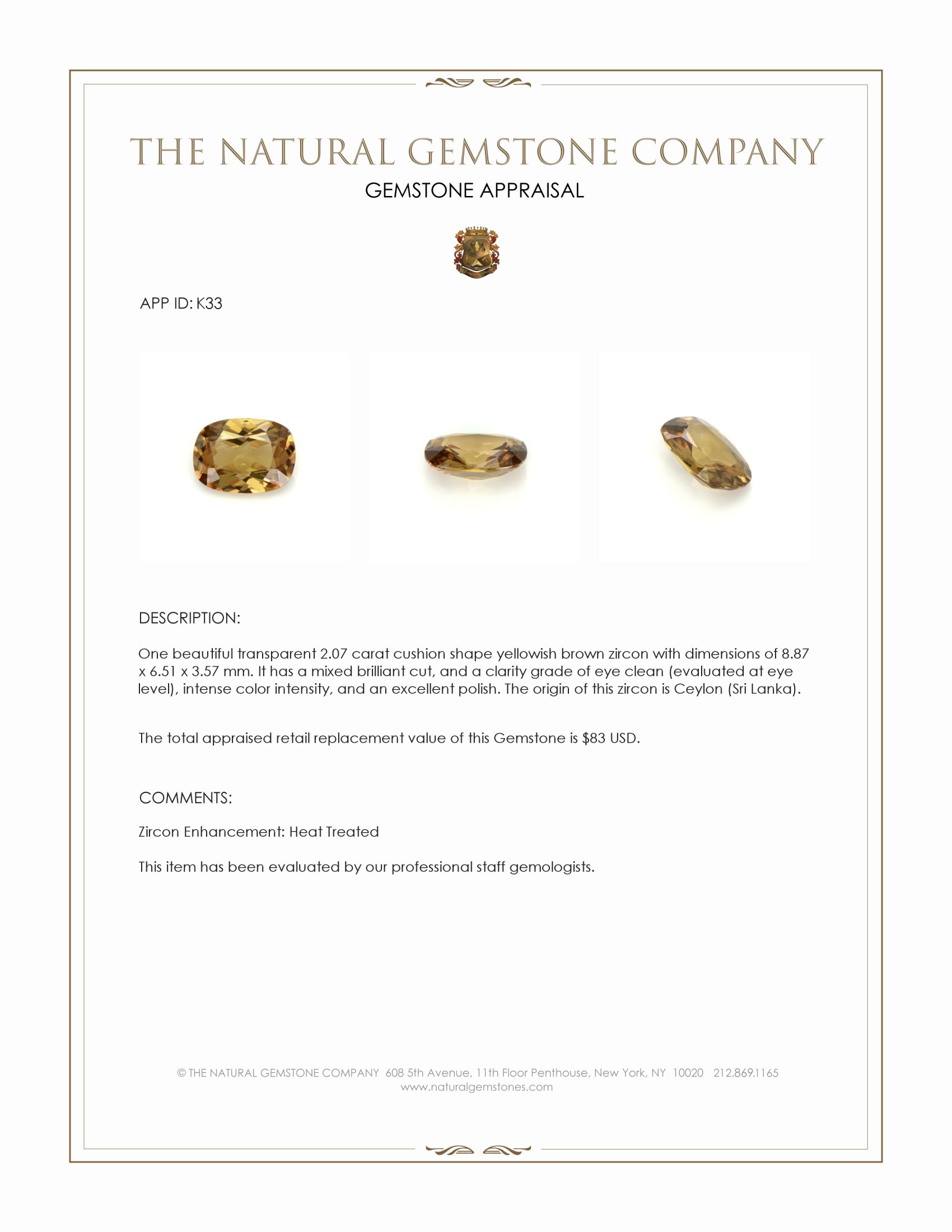 2.07 Ct. Yellowish Brown Zircon from Ceylon (Sri Lanka)
