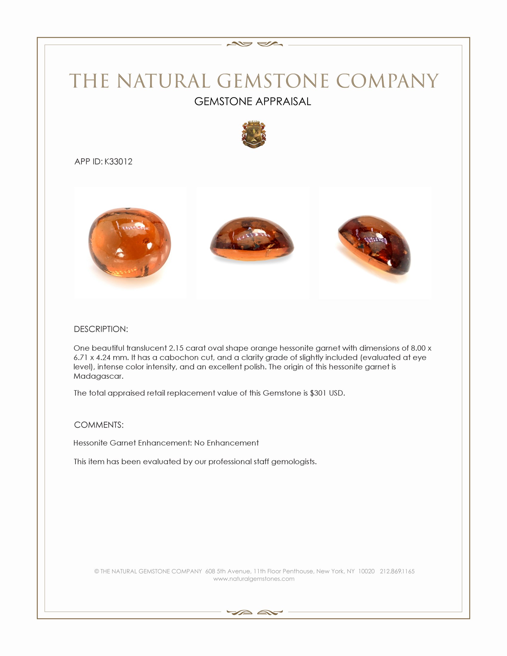 2.15 Ct. Orange Cabochon Hessonite Garnet from Madagascar