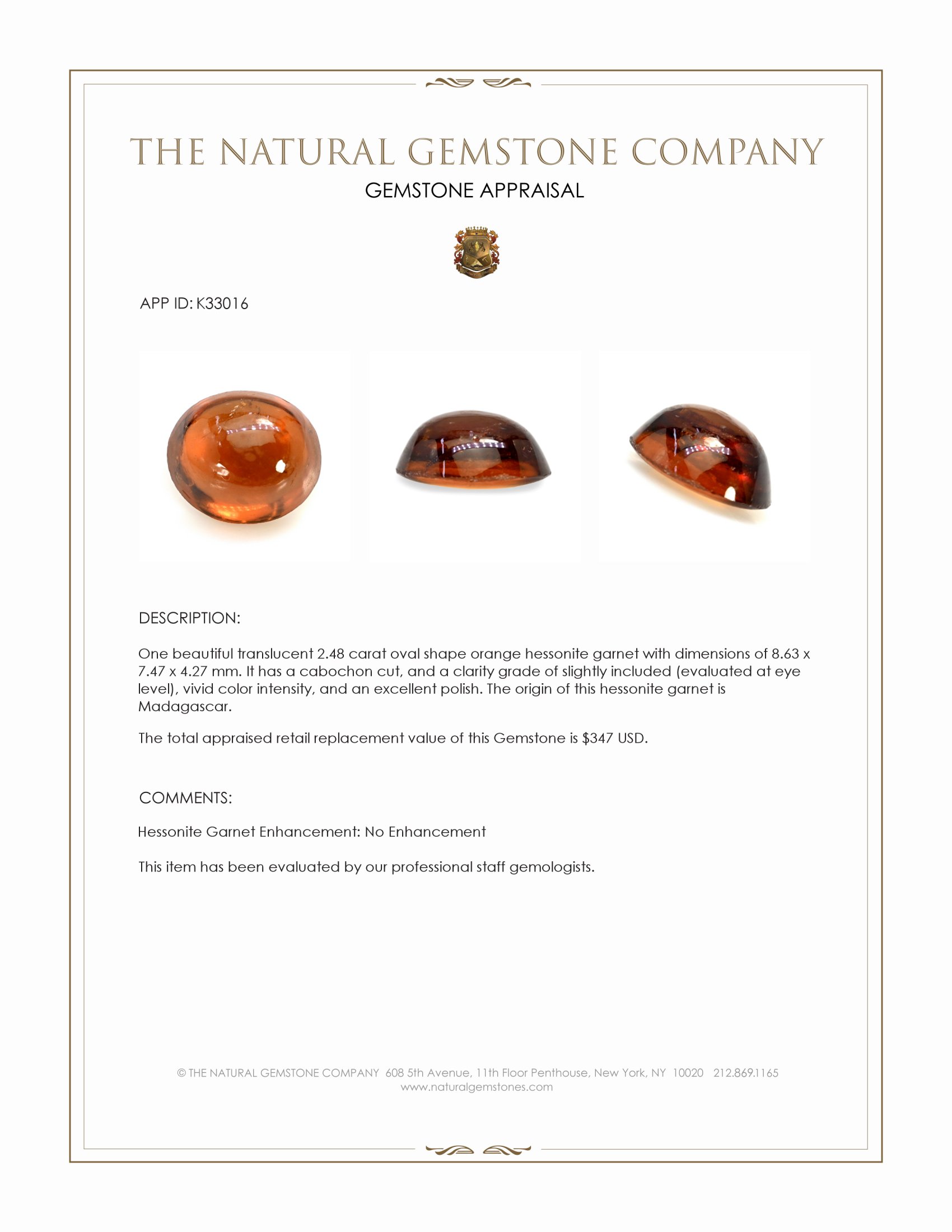 2.48 Ct. Orange Cabochon Hessonite Garnet from Madagascar