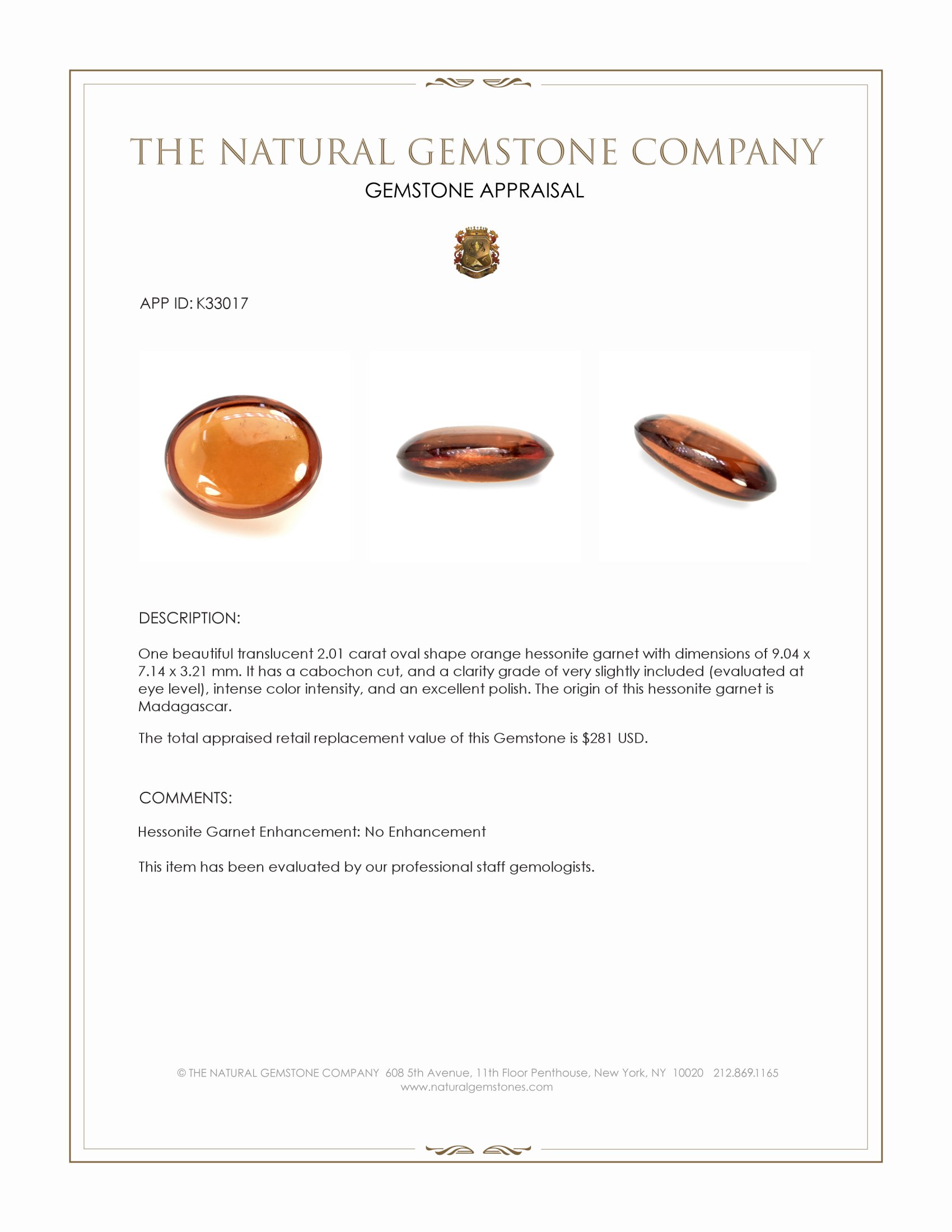 2.01 Ct. Orange Cabochon Hessonite Garnet from Madagascar
