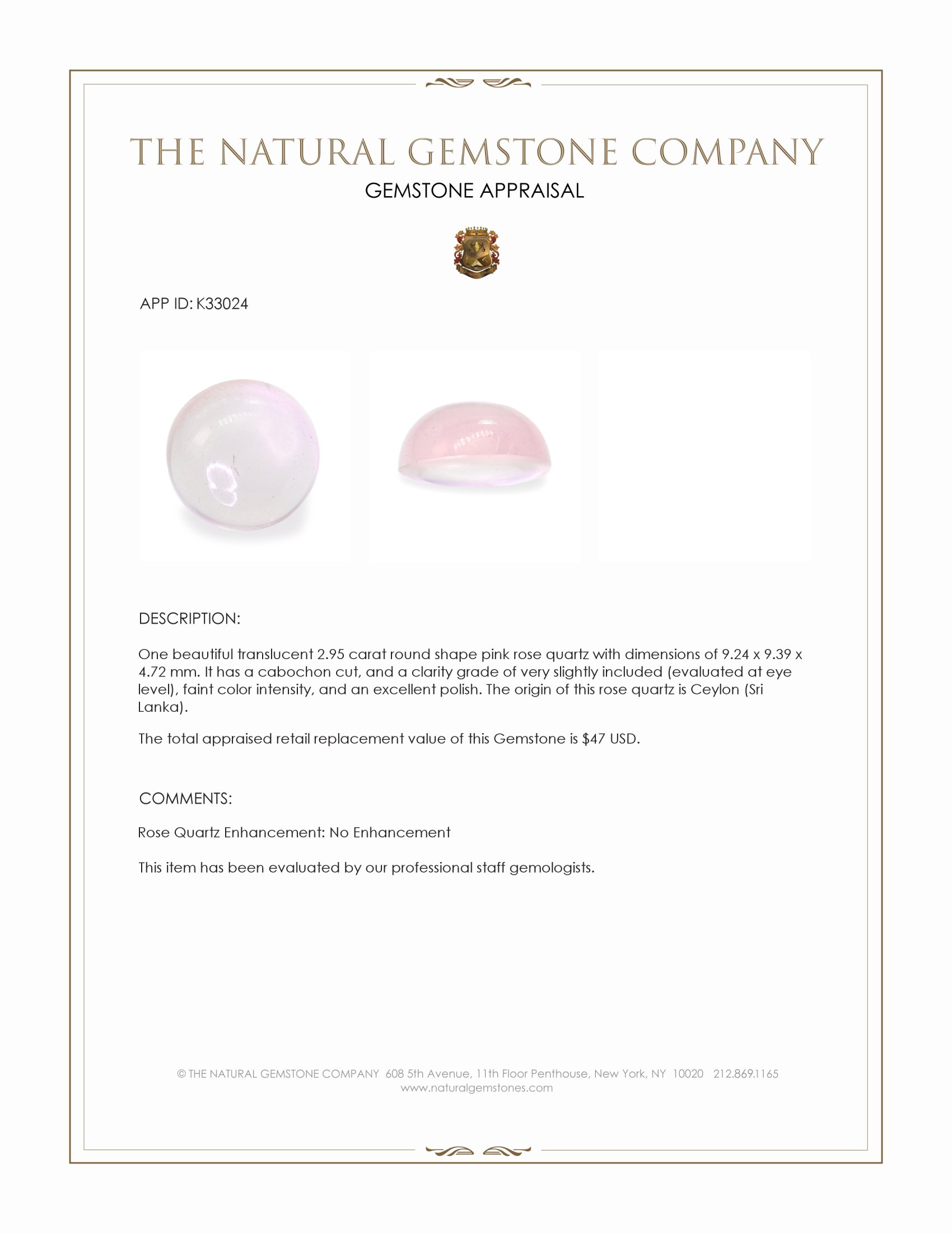 2.95 Ct. Pink Cabochon Rose Quartz from Ceylon (Sri Lanka)