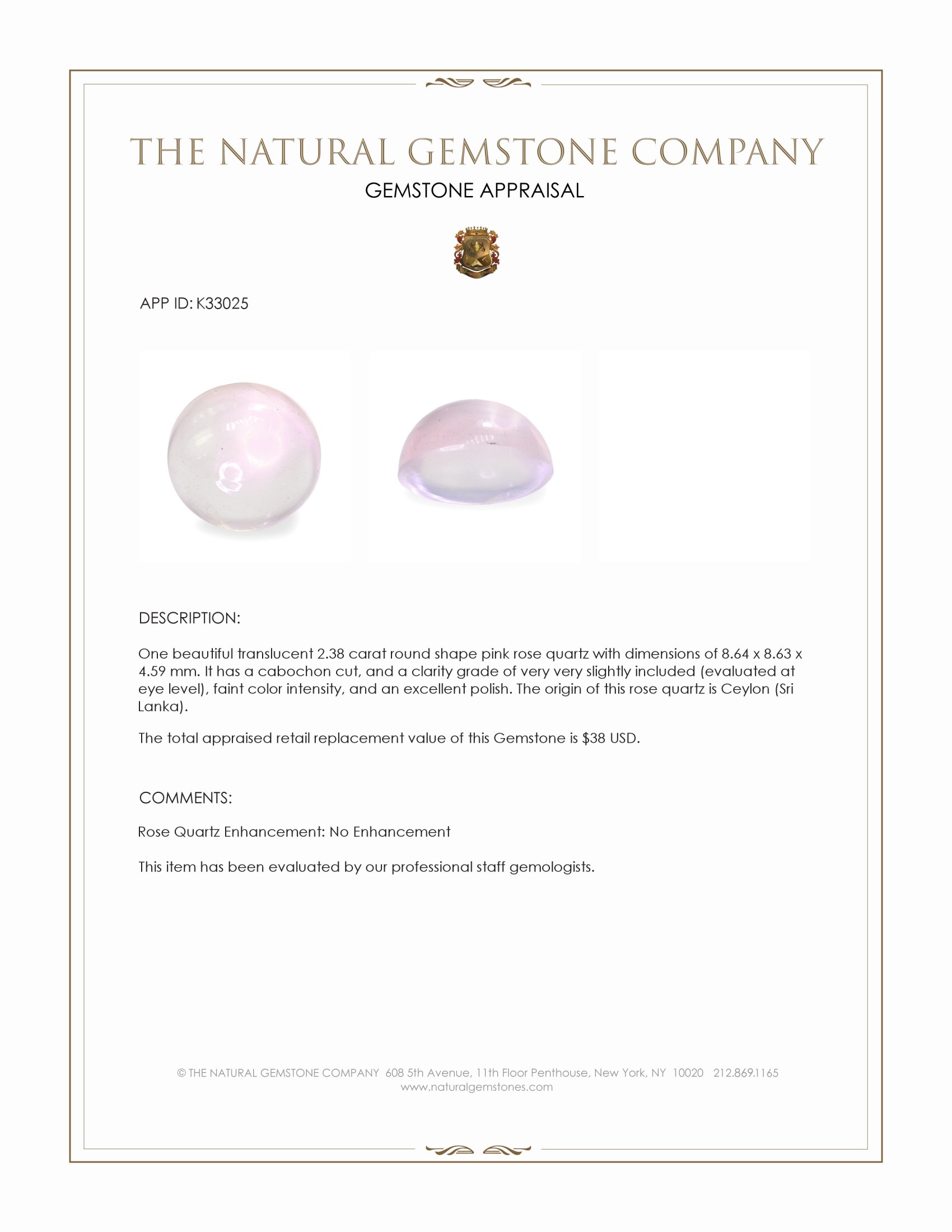 2.38 Ct. Pink Cabochon Rose Quartz from Ceylon (Sri Lanka)