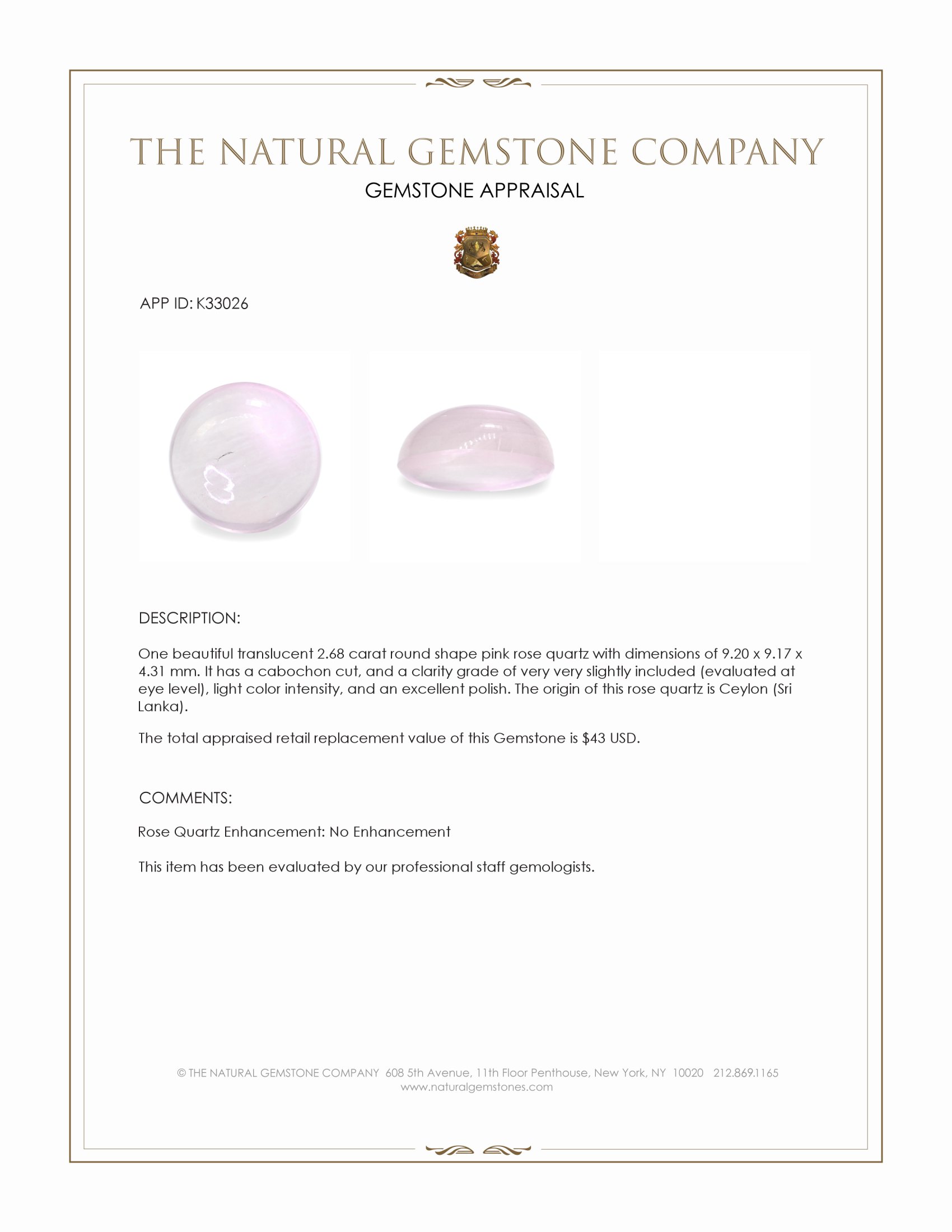 2.68 Ct. Pink Cabochon Rose Quartz from Ceylon (Sri Lanka)