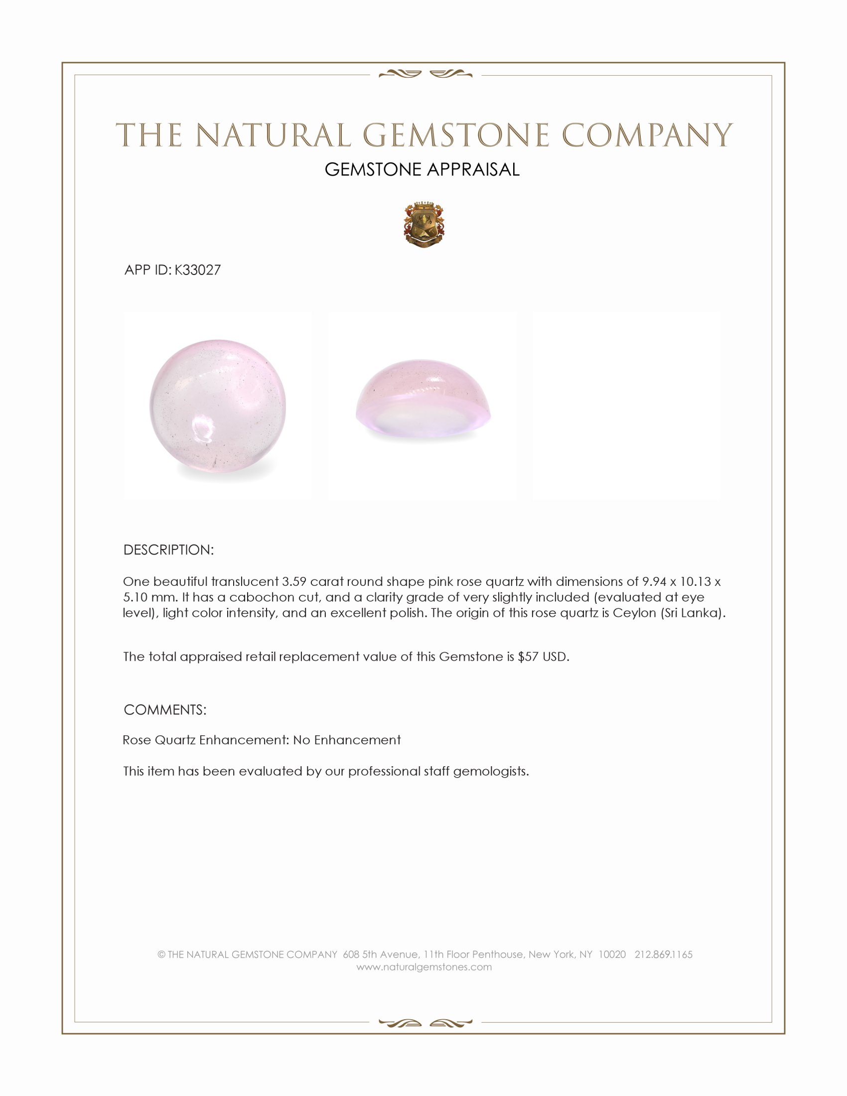 3.59 Ct. Pink Cabochon Rose Quartz from Ceylon (Sri Lanka)