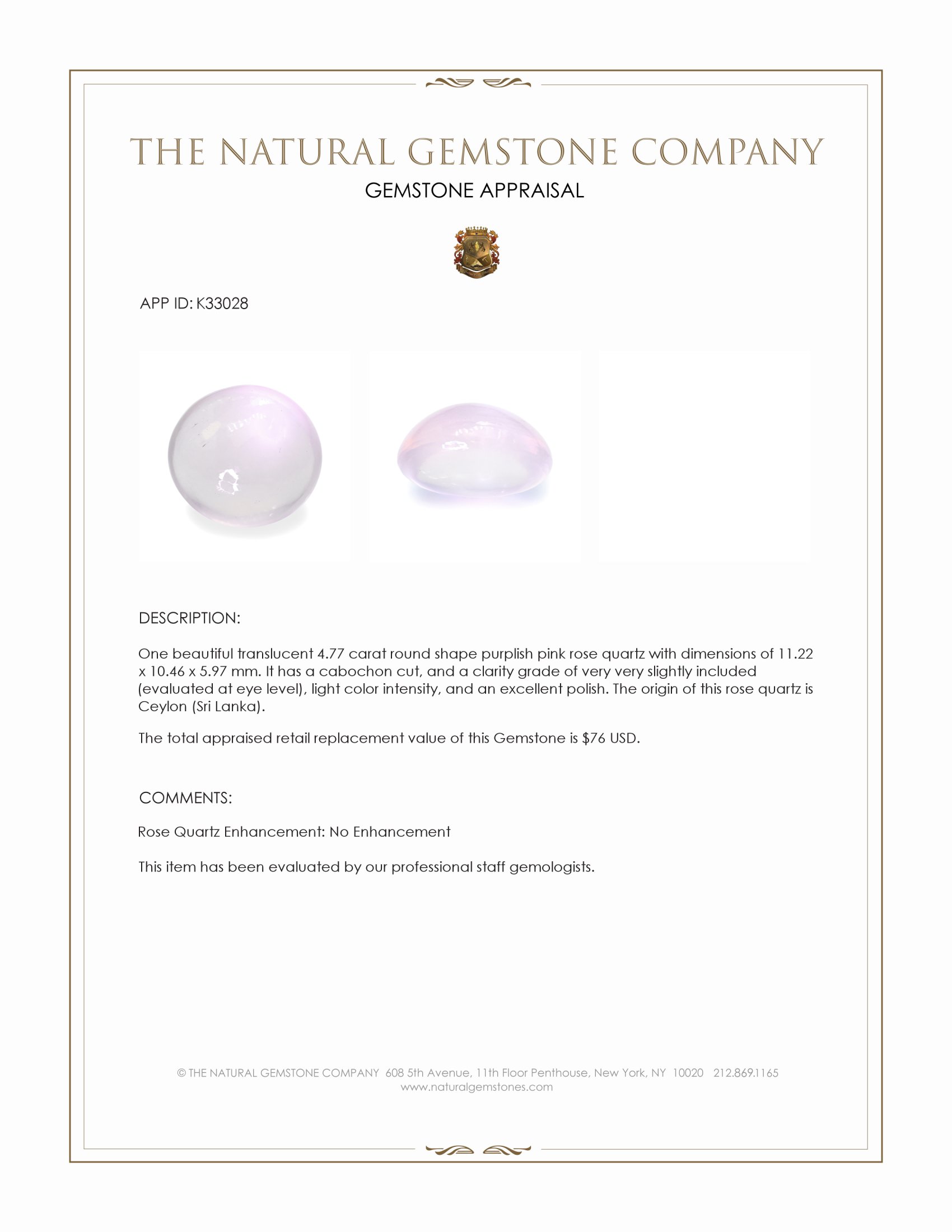 4.77 Ct. Purplish Pink Cabochon Rose Quartz from Ceylon (Sri Lanka)