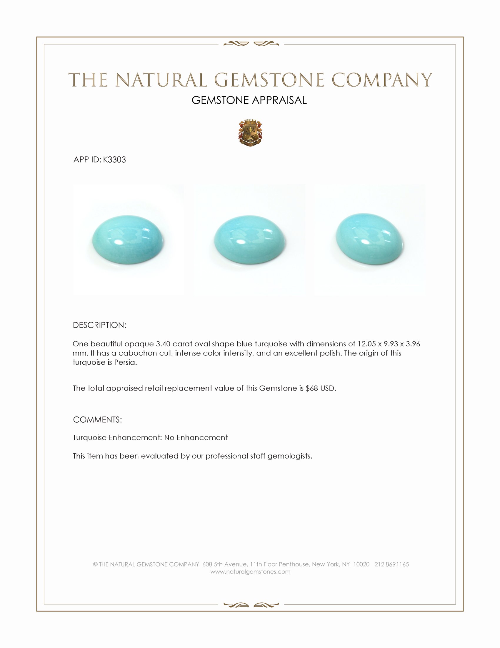 3.40 Ct. Cabochon Turquoise from Persia