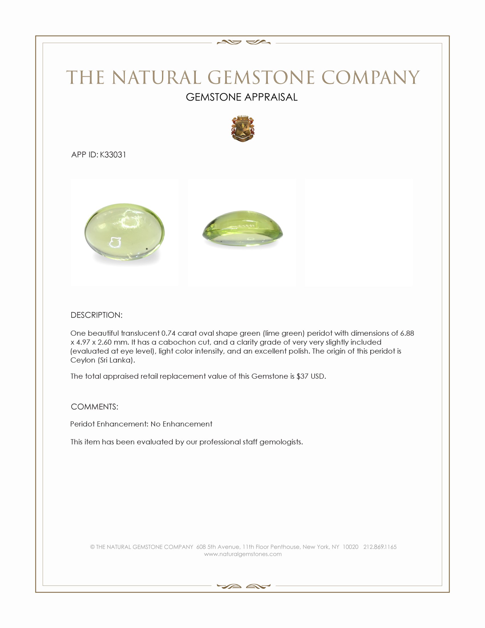 0.74 Ct. Green (Lime Green) Cabochon Peridot from Ceylon (Sri Lanka)