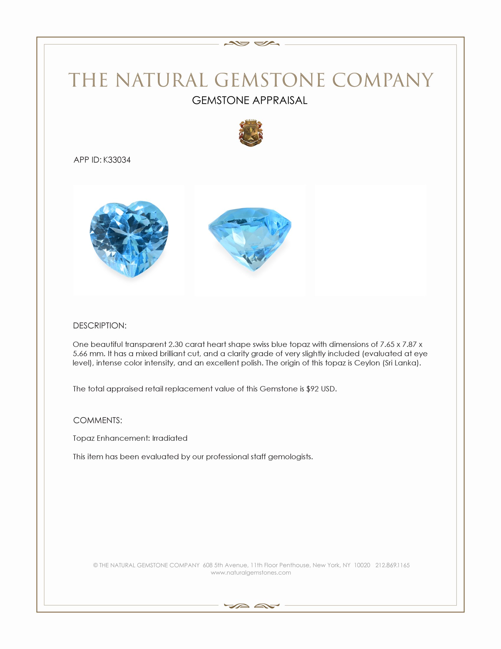 2.30 Ct. Swiss Blue Topaz from Ceylon (Sri Lanka)