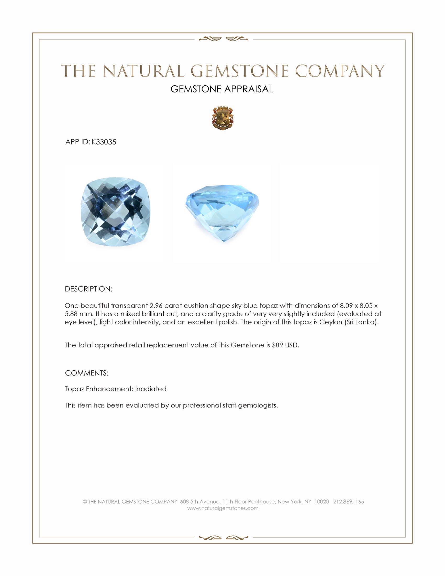 2.96 Ct. Sky Blue Topaz from Ceylon (Sri Lanka)