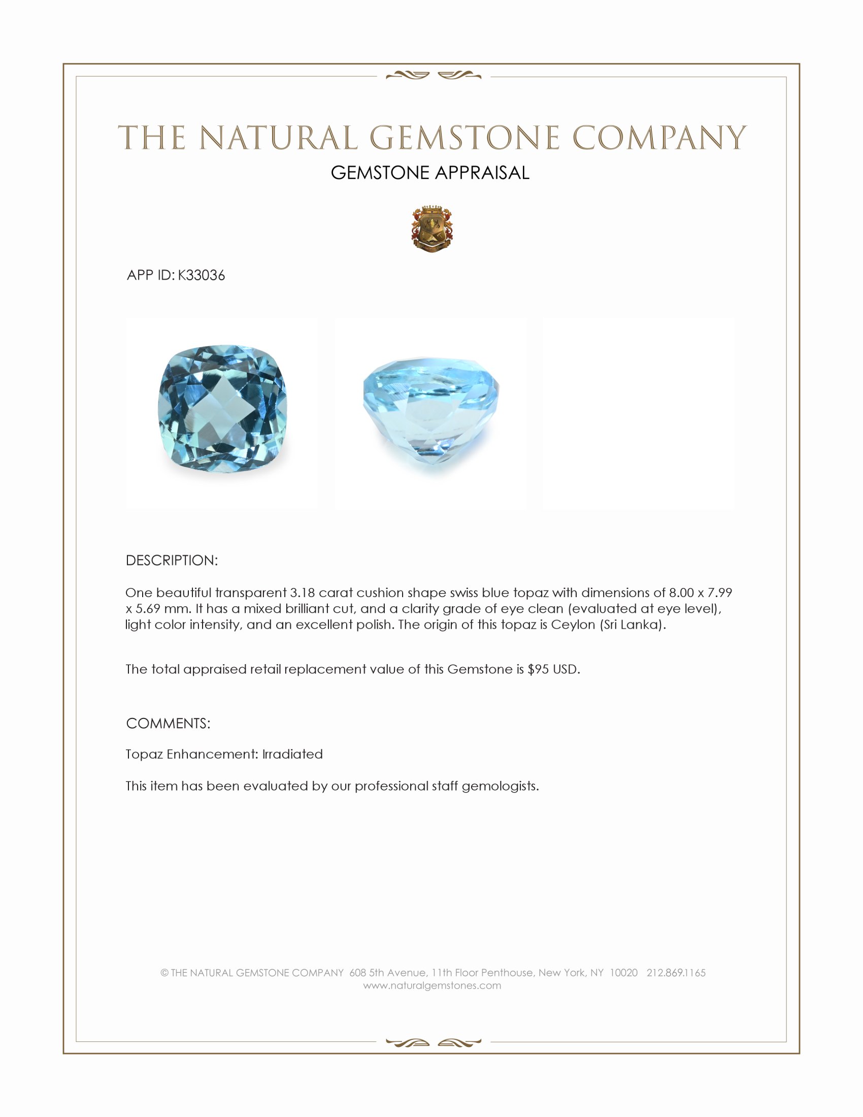 3.18 Ct. Swiss Blue Topaz from Ceylon (Sri Lanka)