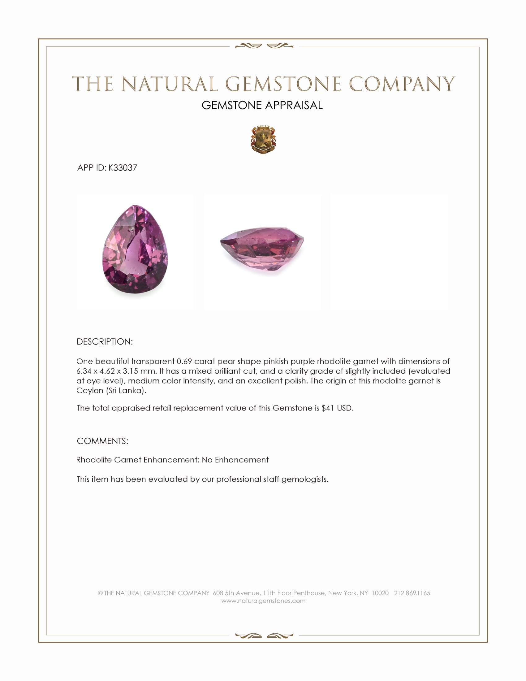 0.69 Ct. Pinkish Purple Rhodolite Garnet from Ceylon (Sri Lanka)