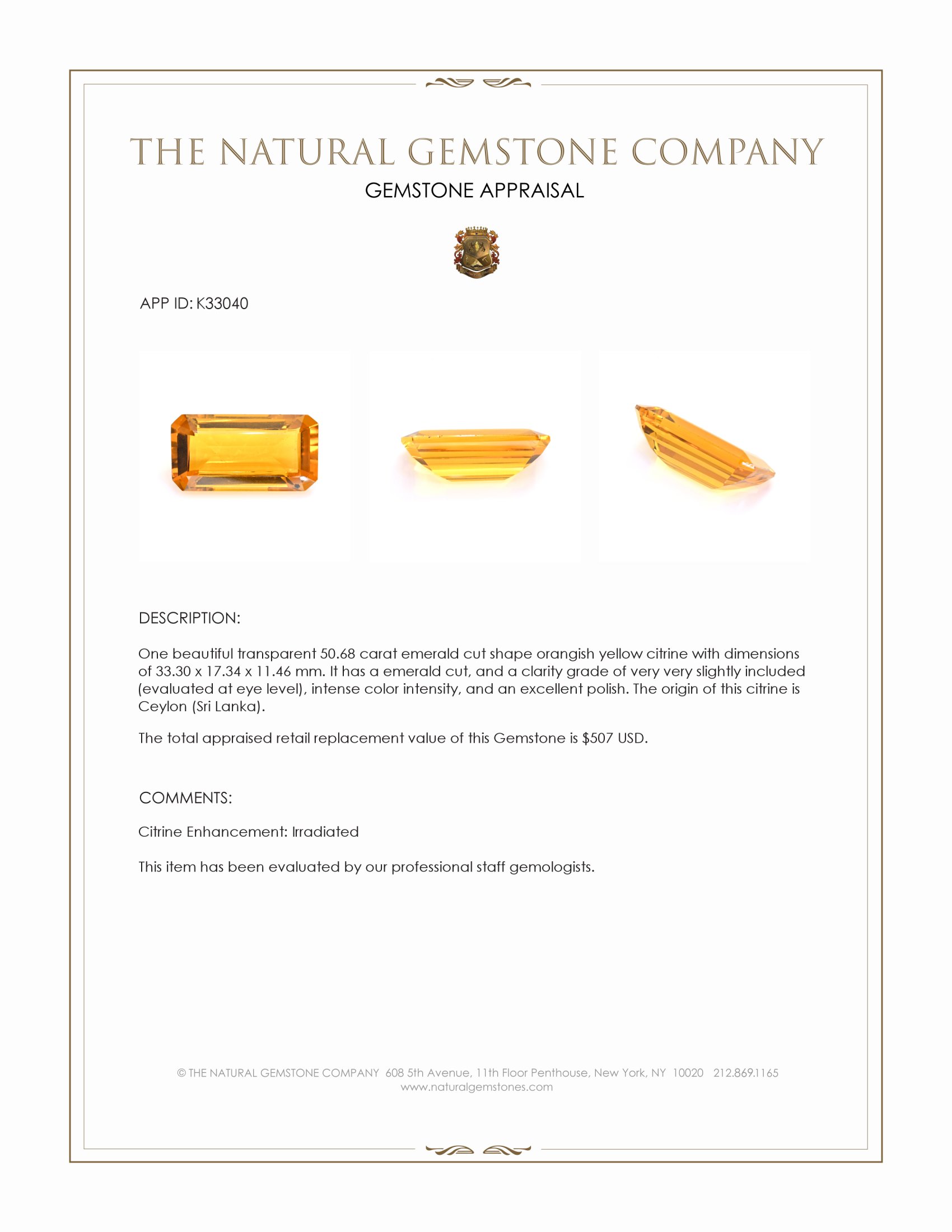 50.68 Ct. Orangish Yellow Citrine from Ceylon (Sri Lanka)