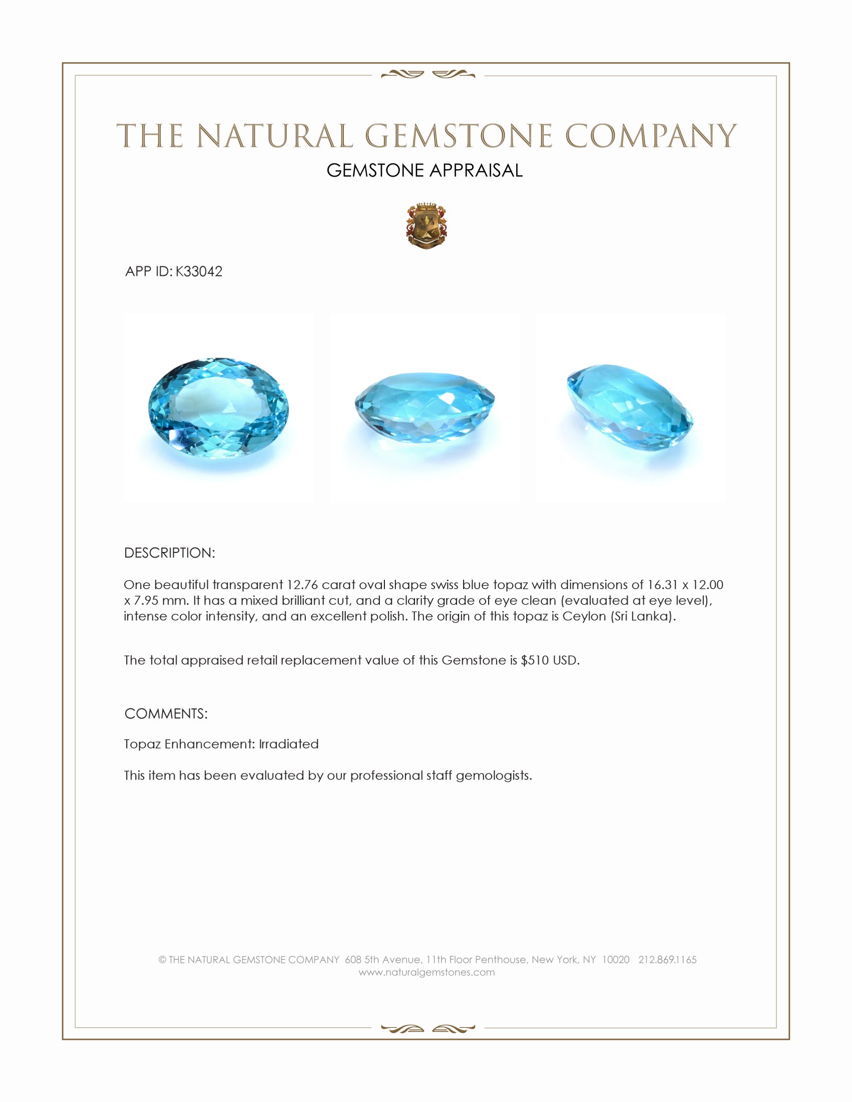 12.76 Ct. Swiss Blue Topaz from Ceylon (Sri Lanka)