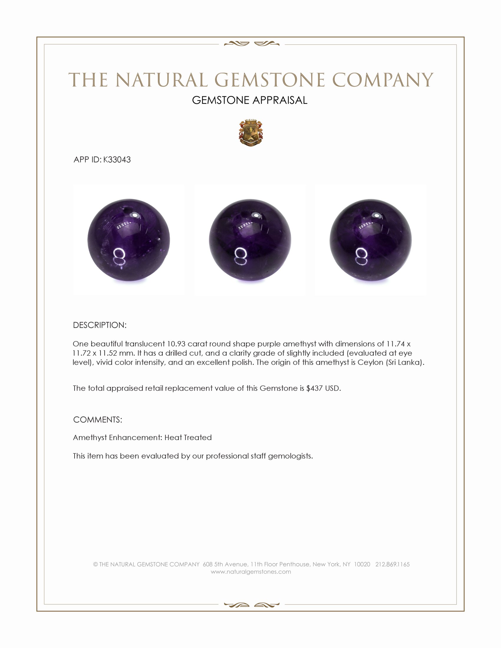 10.93 Ct. Purple Amethyst from Ceylon (Sri Lanka)