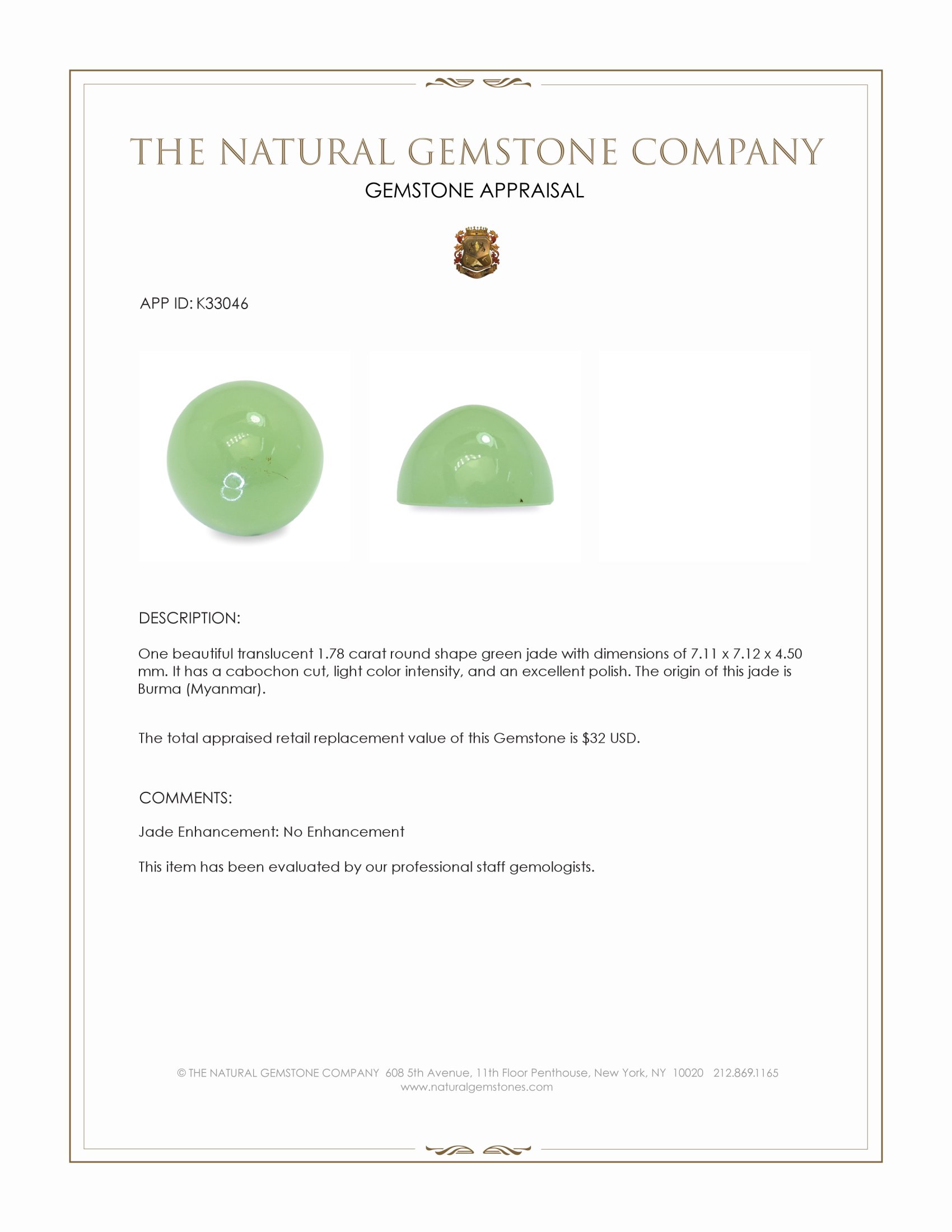 1.78 Ct. Green Cabochon Jade from Burma (Myanmar)