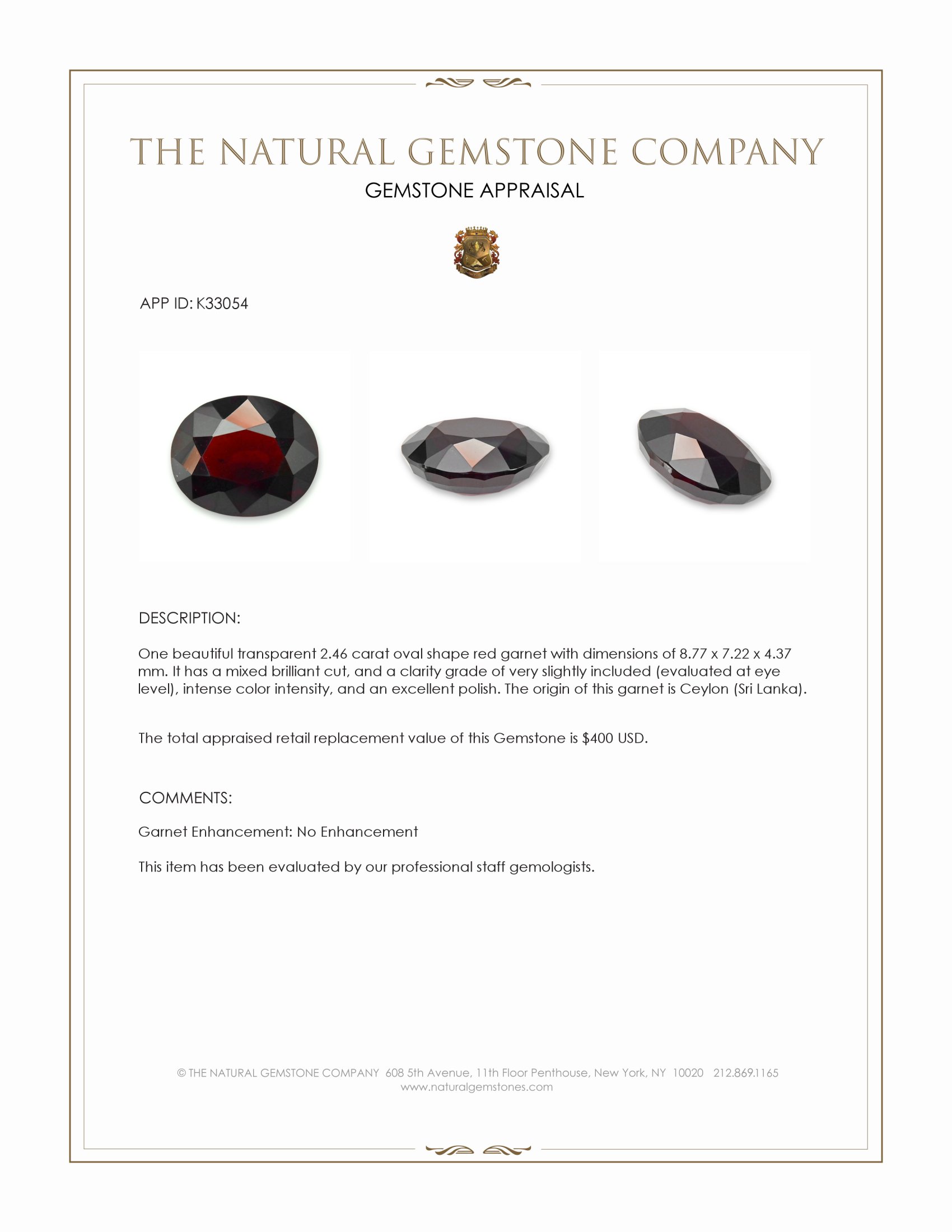 2.46 Ct. Red Garnet from Ceylon (Sri Lanka)
