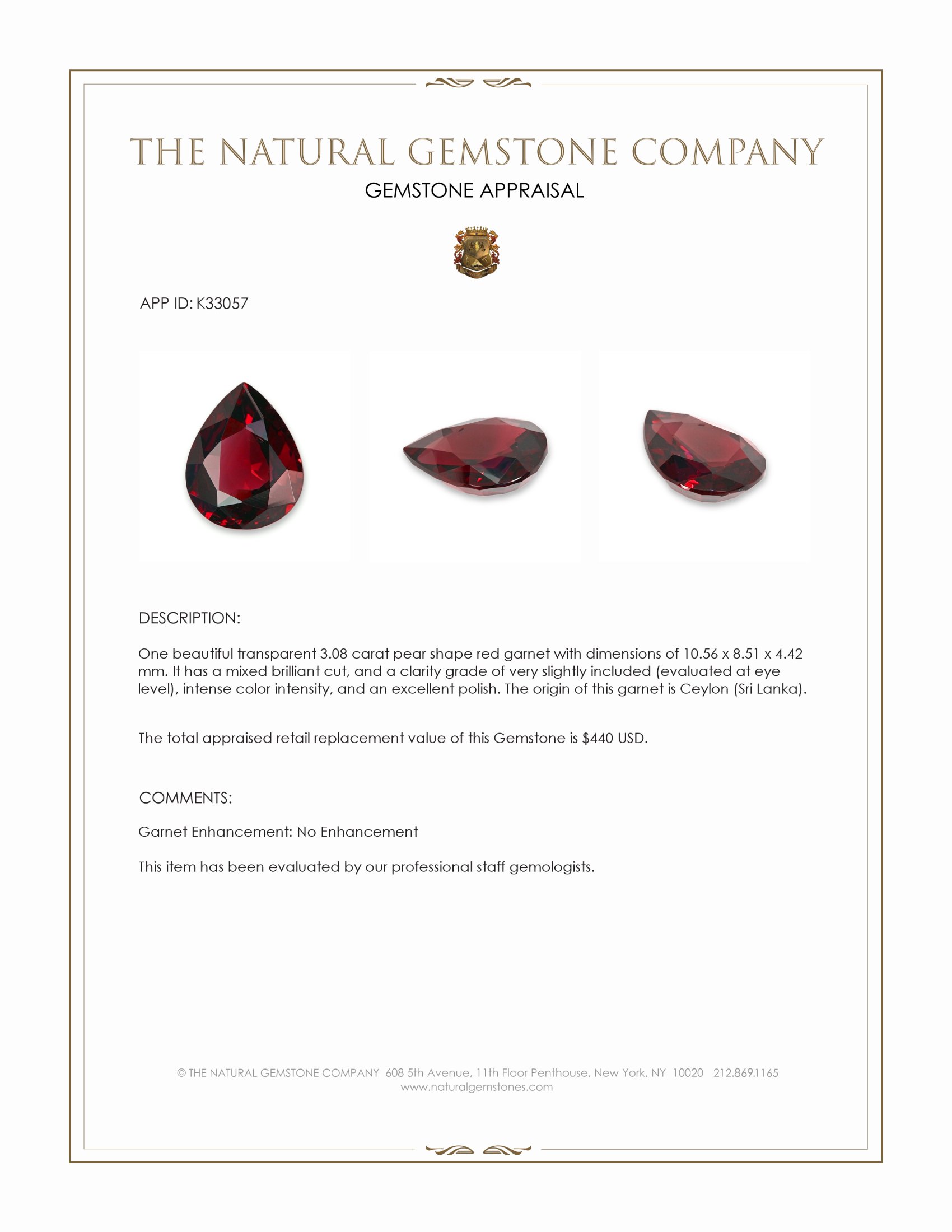 3.08 Ct. Red Garnet from Ceylon (Sri Lanka)