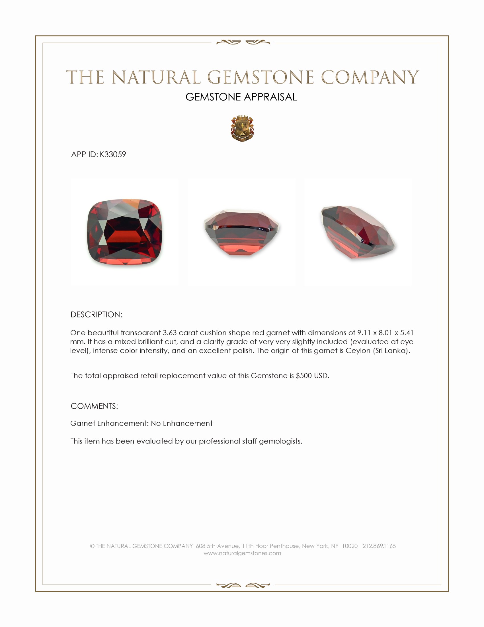 3.63 Ct. Red Garnet from Ceylon (Sri Lanka)
