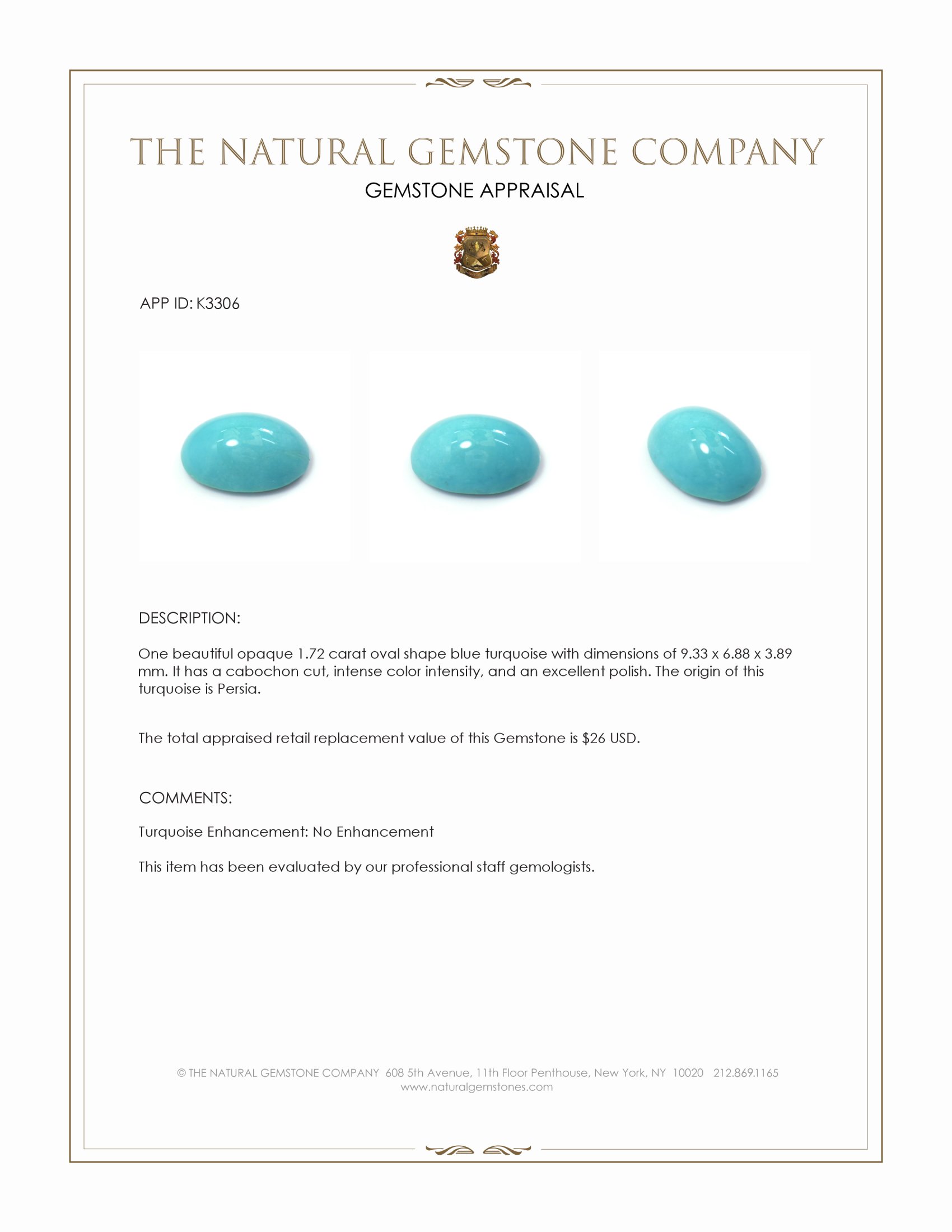 1.72 Ct. Cabochon Turquoise from Persia