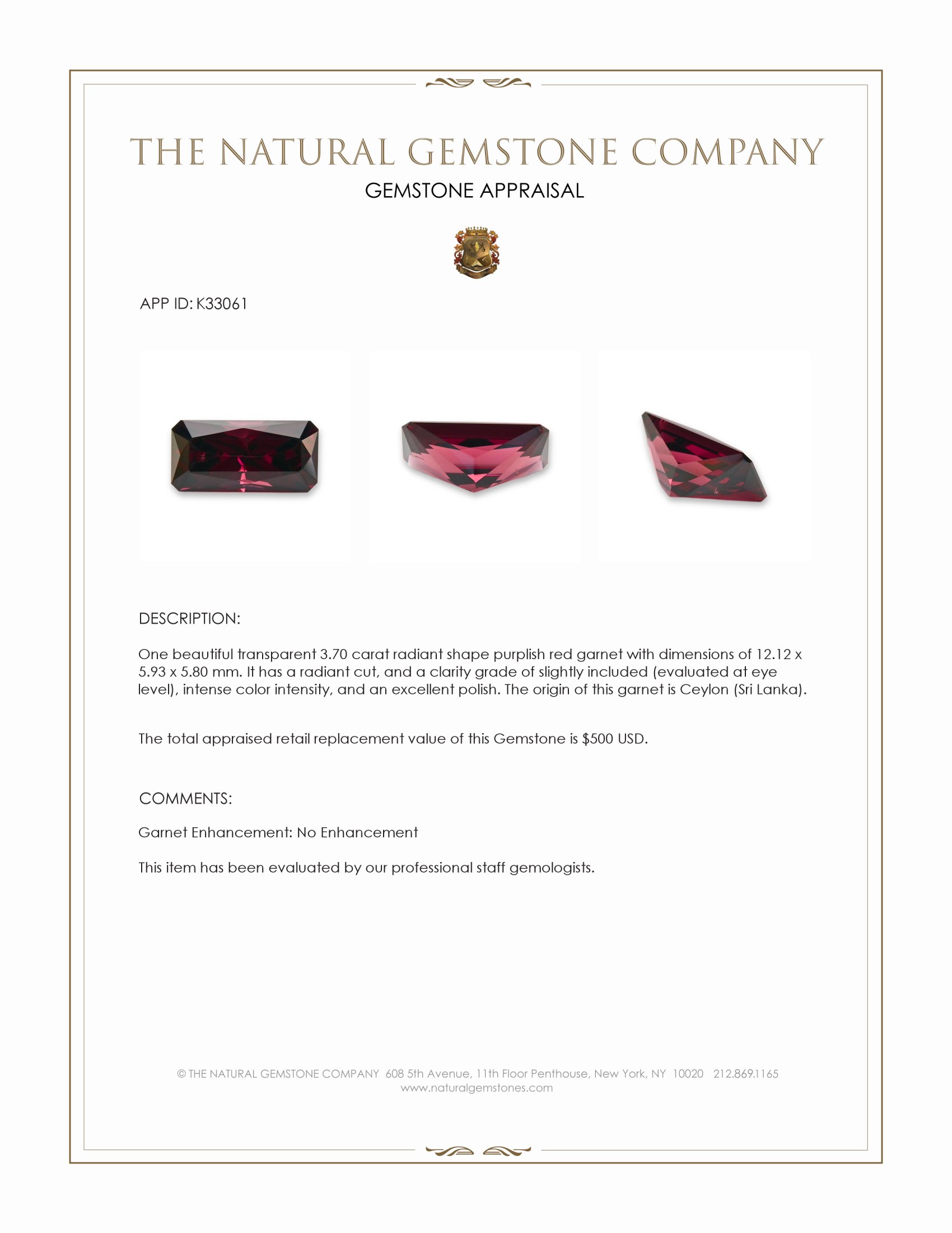 3.70 Ct. Purplish Red Garnet from Ceylon (Sri Lanka)
