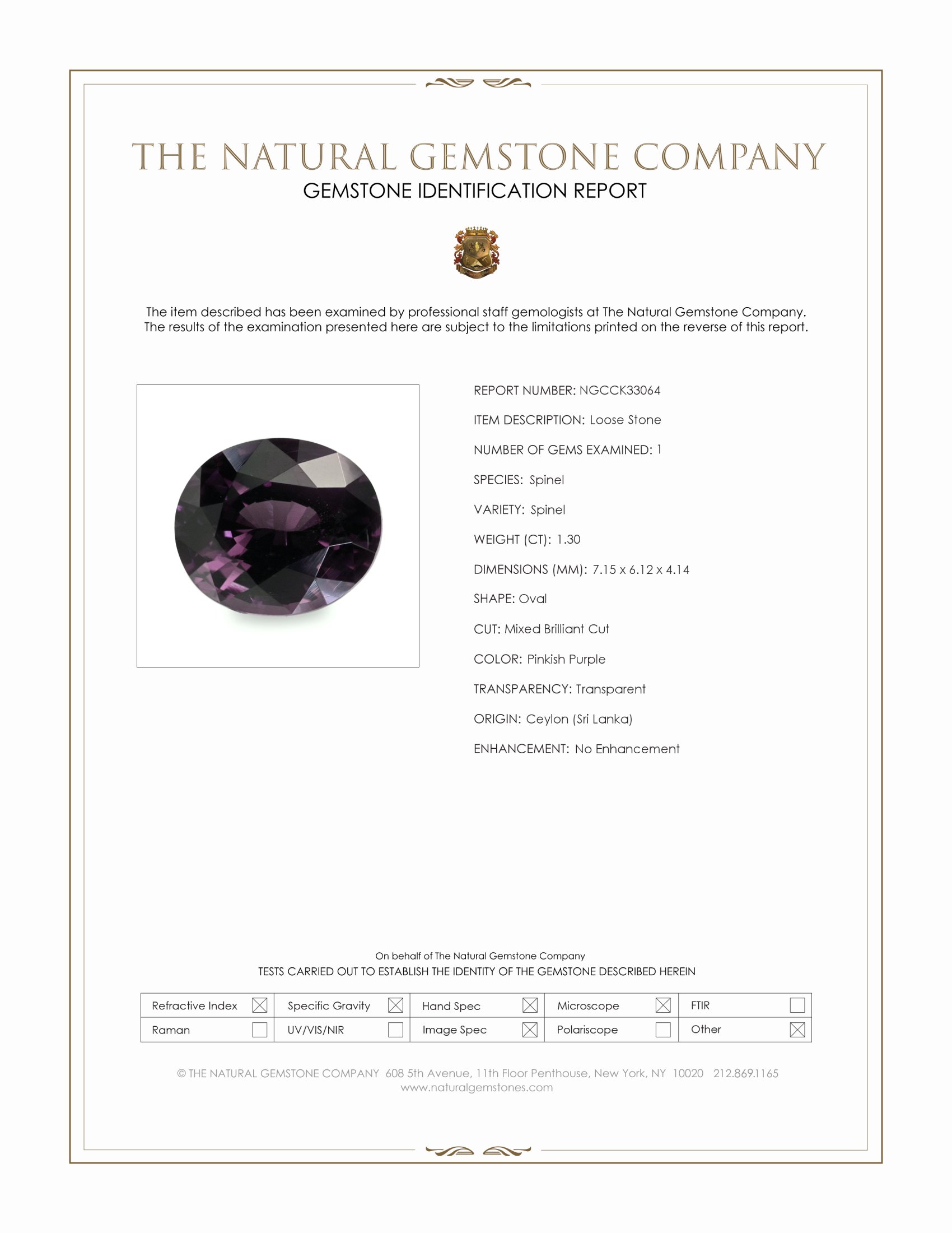 1.30 Ct. Pinkish Purple Spinel from Ceylon (Sri Lanka)