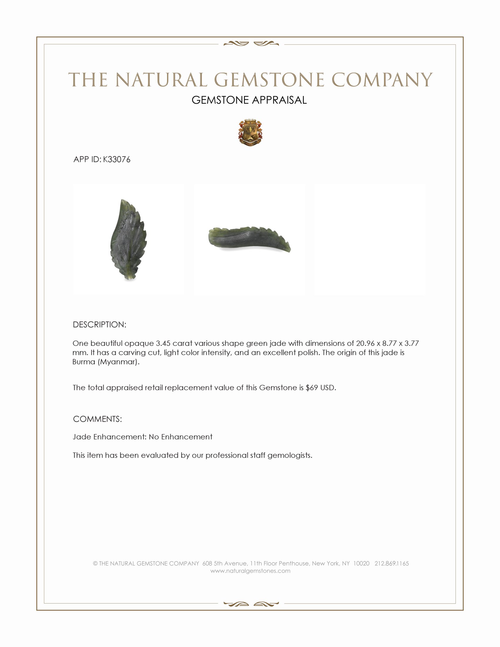 3.45 Ct. Green Jade from Burma (Myanmar)