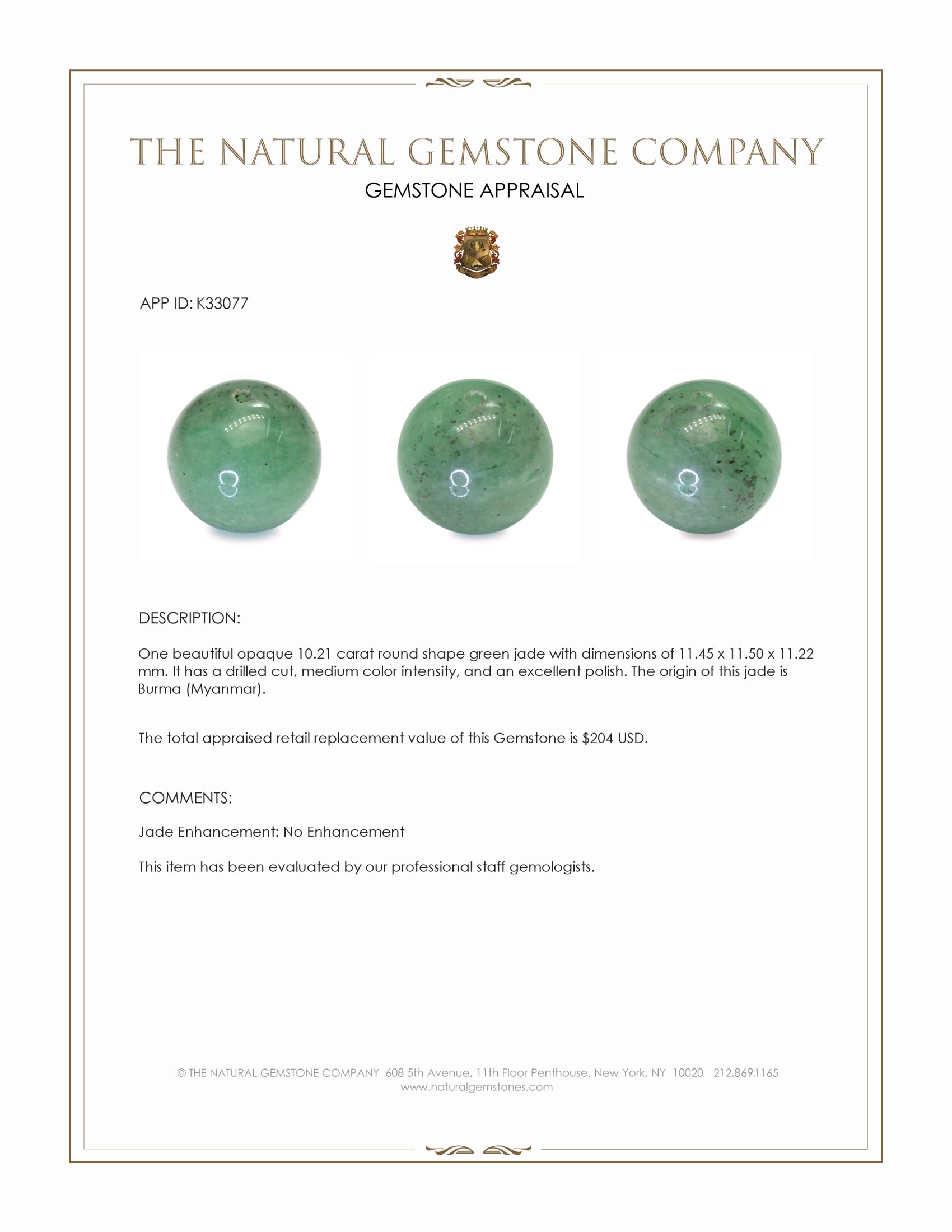 10.21 Ct. Green Jade from Burma (Myanmar)