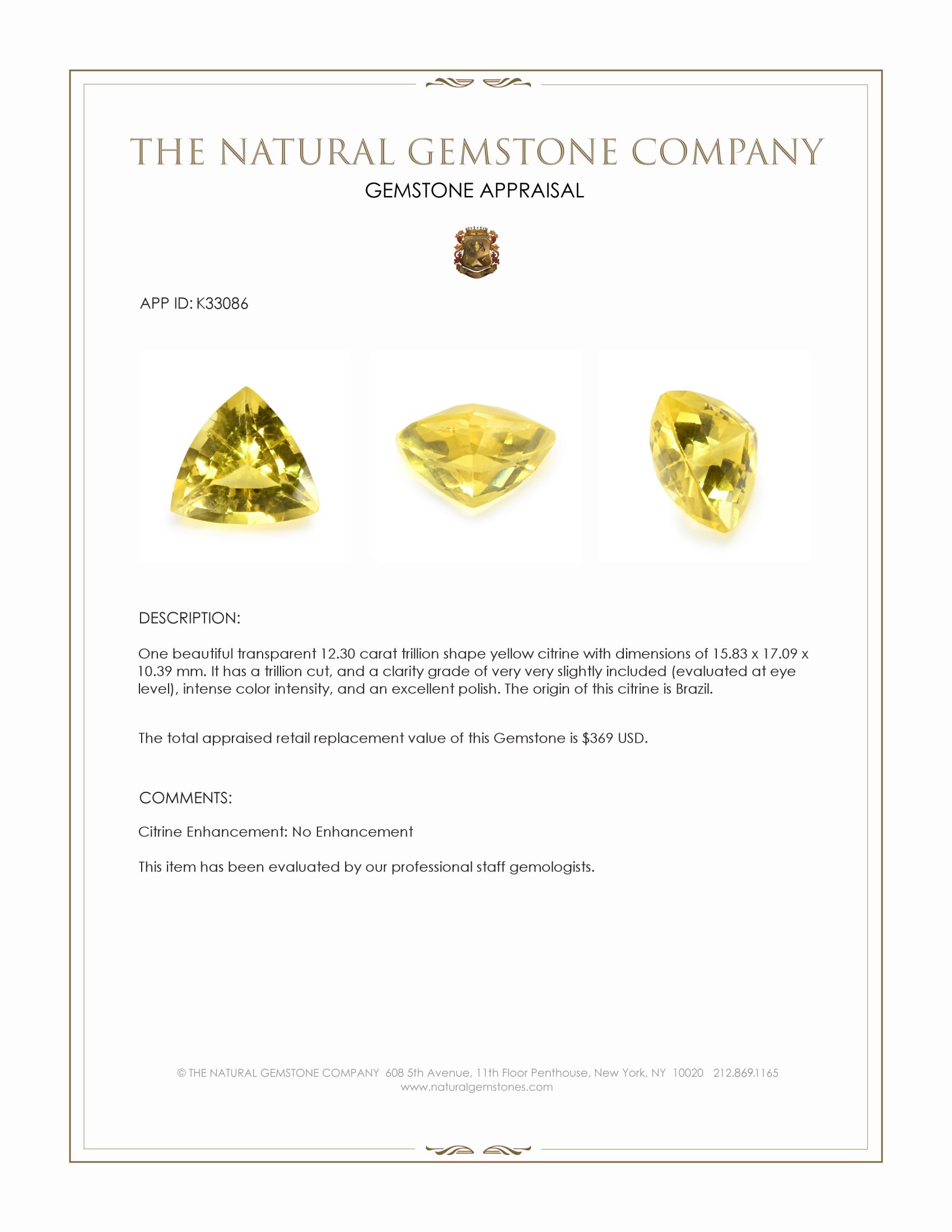 12.30 Ct. Yellow Citrine from Brazil