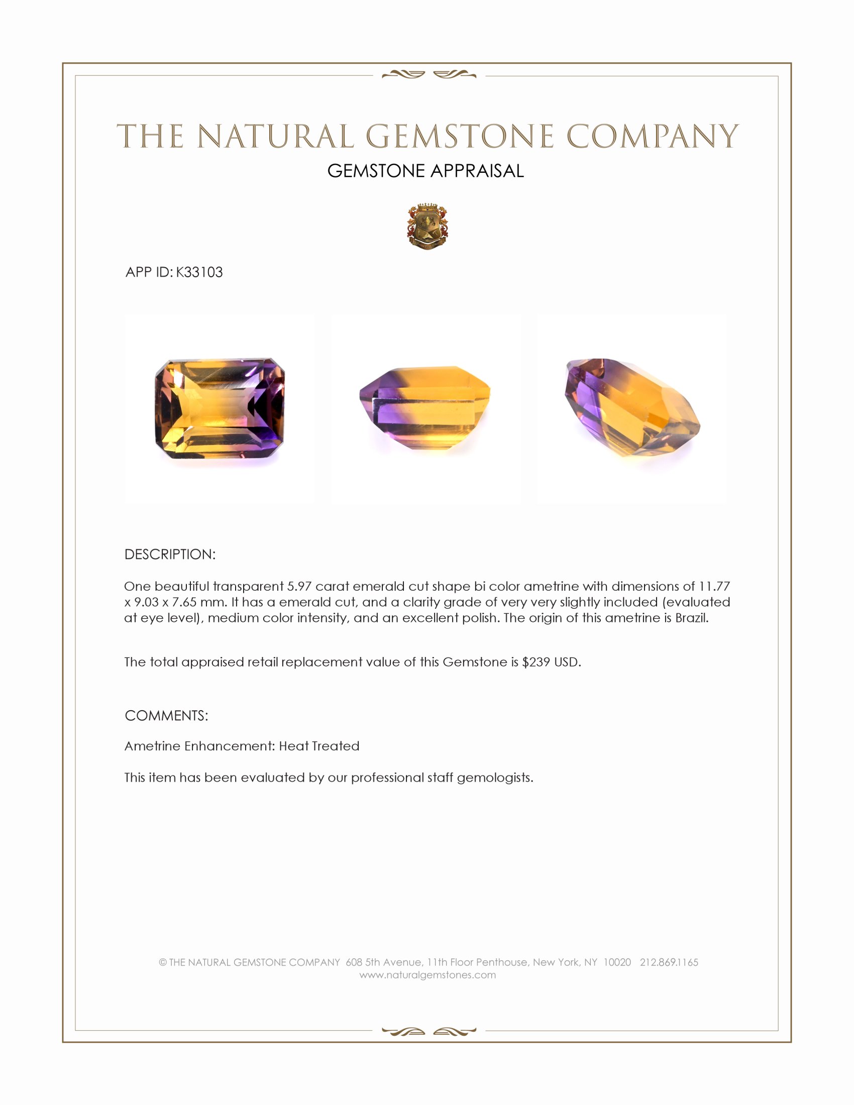 5.97 Ct. Bi Color Ametrine from Brazil