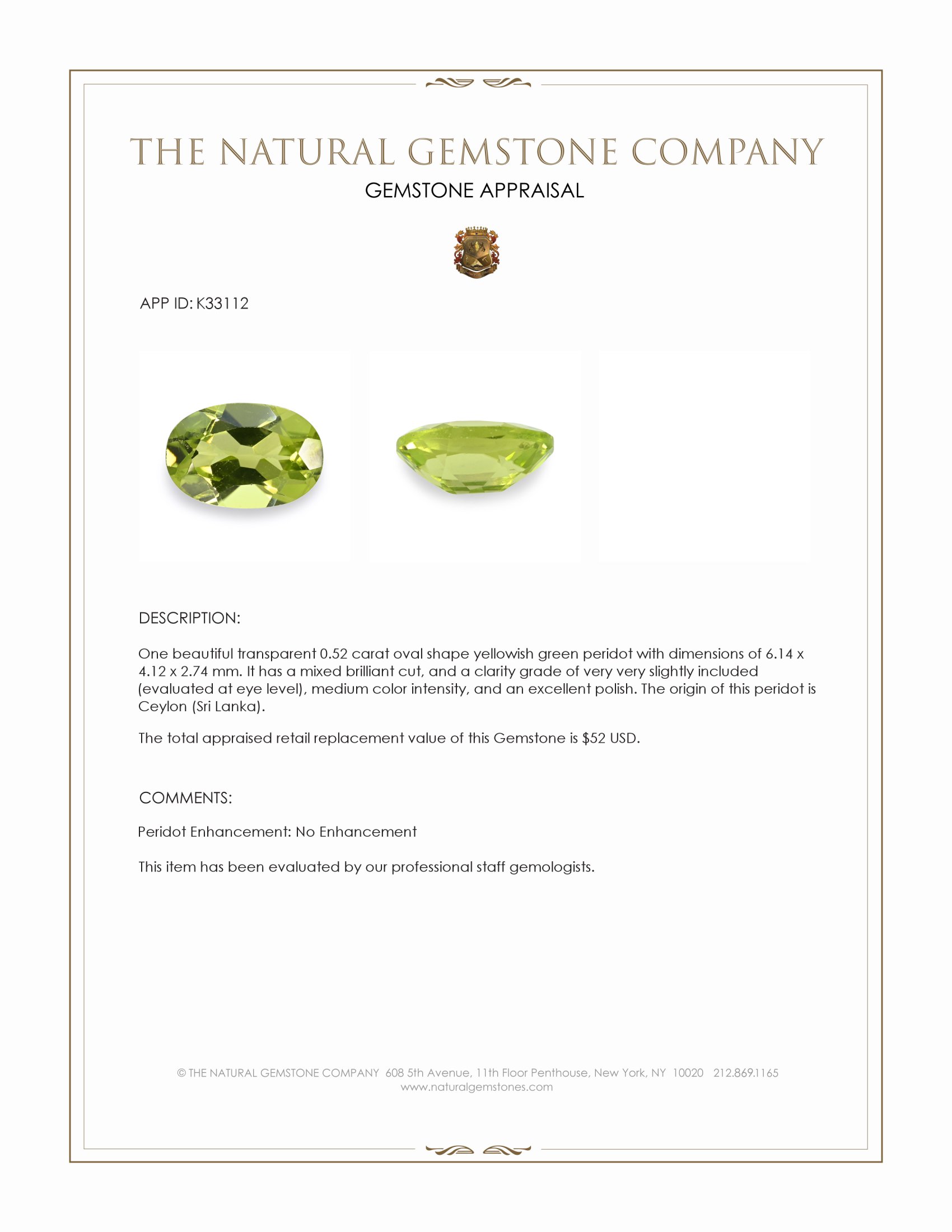 0.52 Ct. Yellowish Green Peridot from Ceylon (Sri Lanka)
