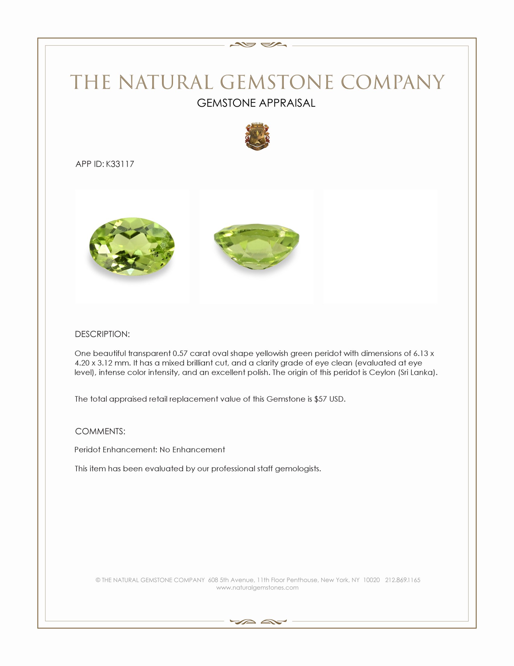 0.57 Ct. Yellowish Green Peridot from Ceylon (Sri Lanka)