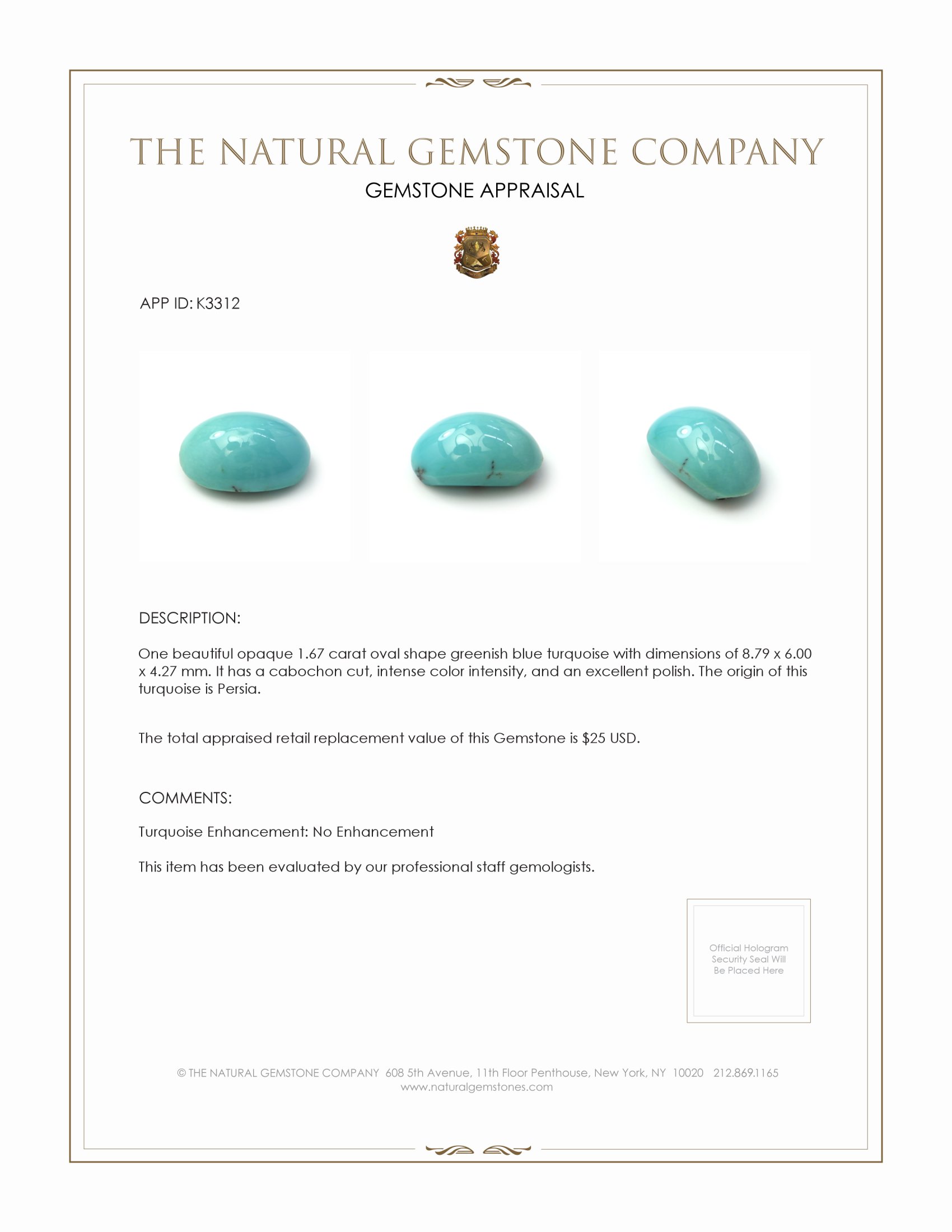 1.67 Ct. Greenish Blue Cabochon Turquoise from Persia(Iran)