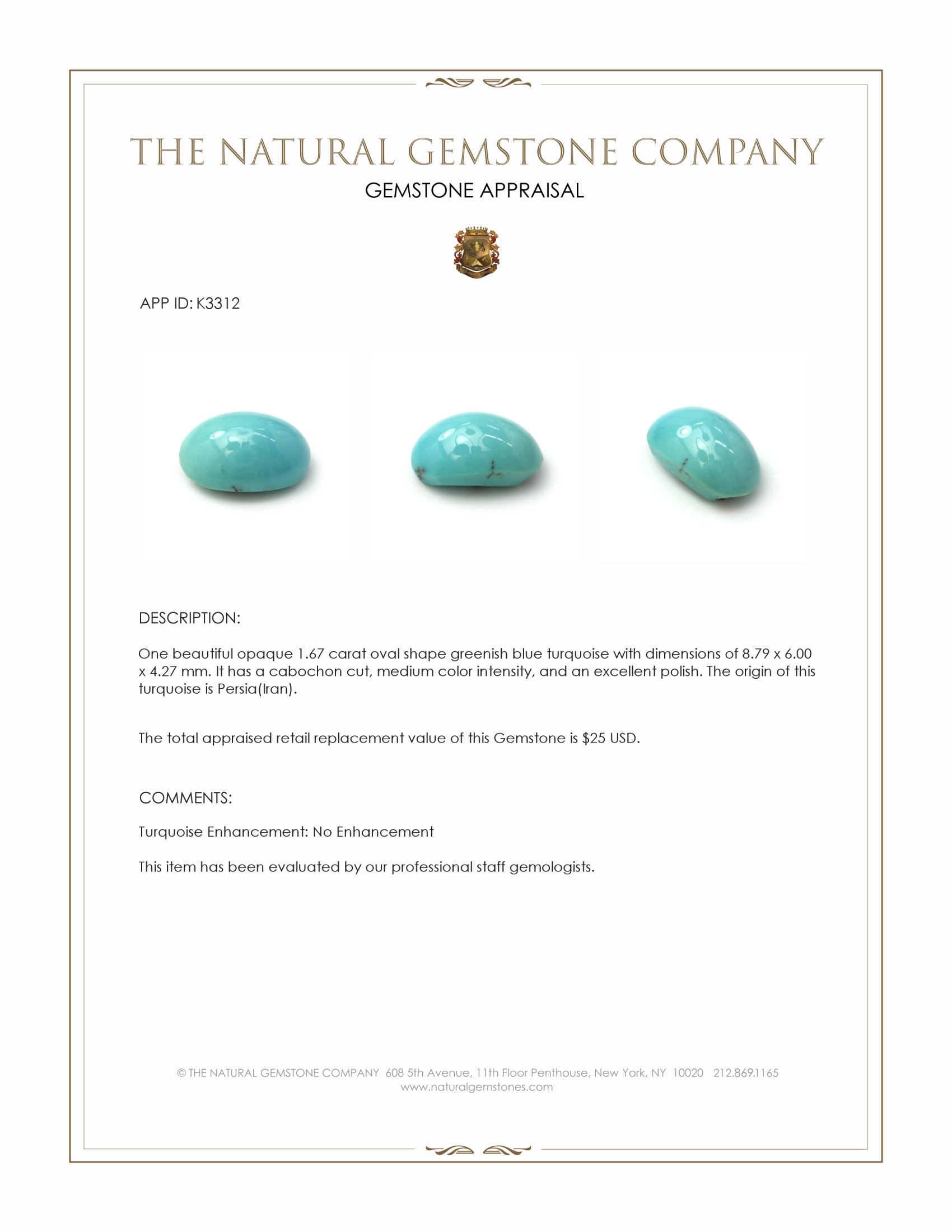 1.67 Ct. Greenish Blue Cabochon Turquoise from Persia(Iran)
