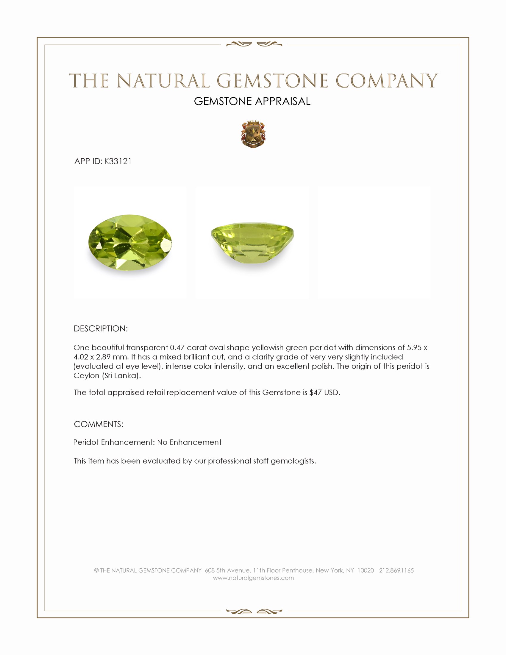0.47 Ct. Yellowish Green Peridot from Ceylon (Sri Lanka)