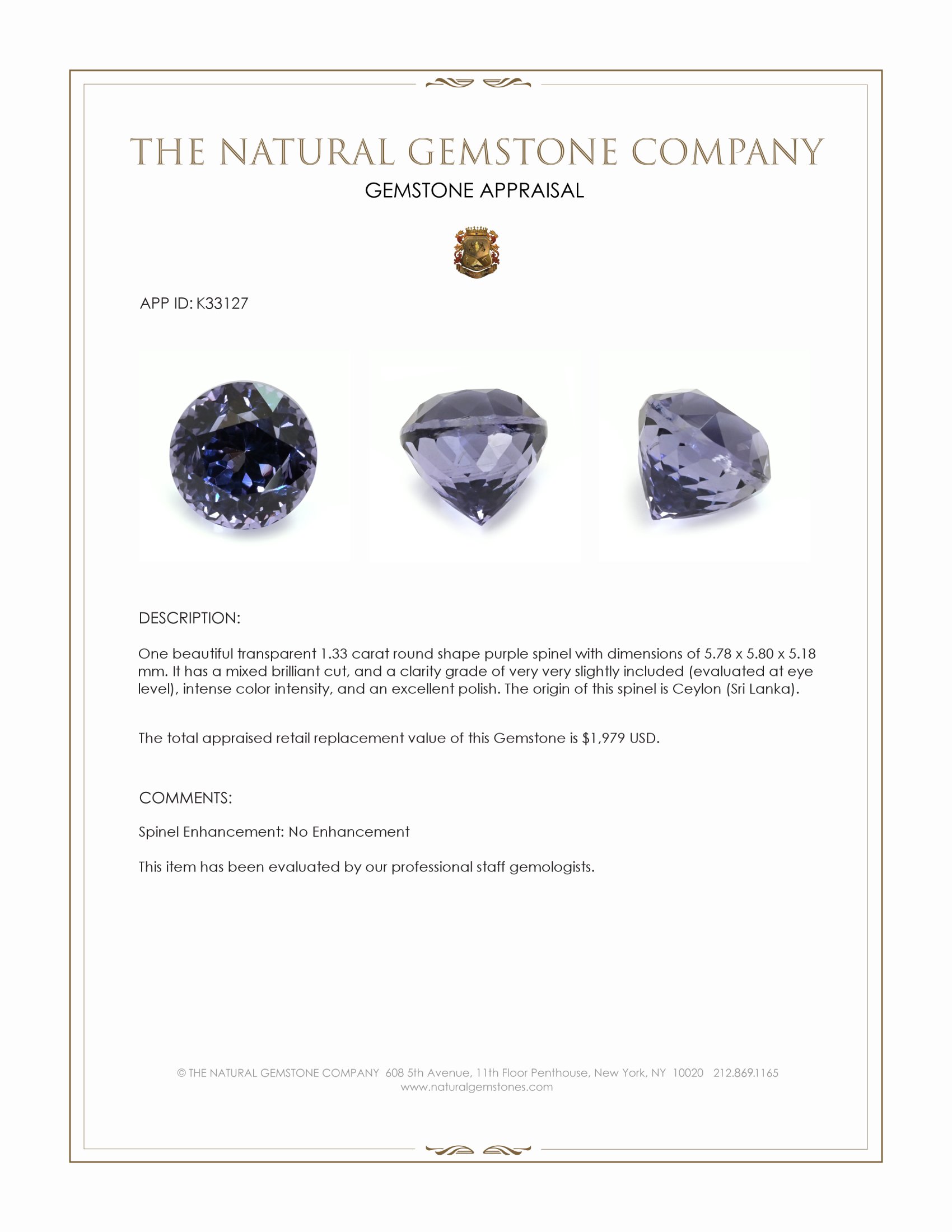 1.33 Ct. Purple Spinel from Ceylon (Sri Lanka)